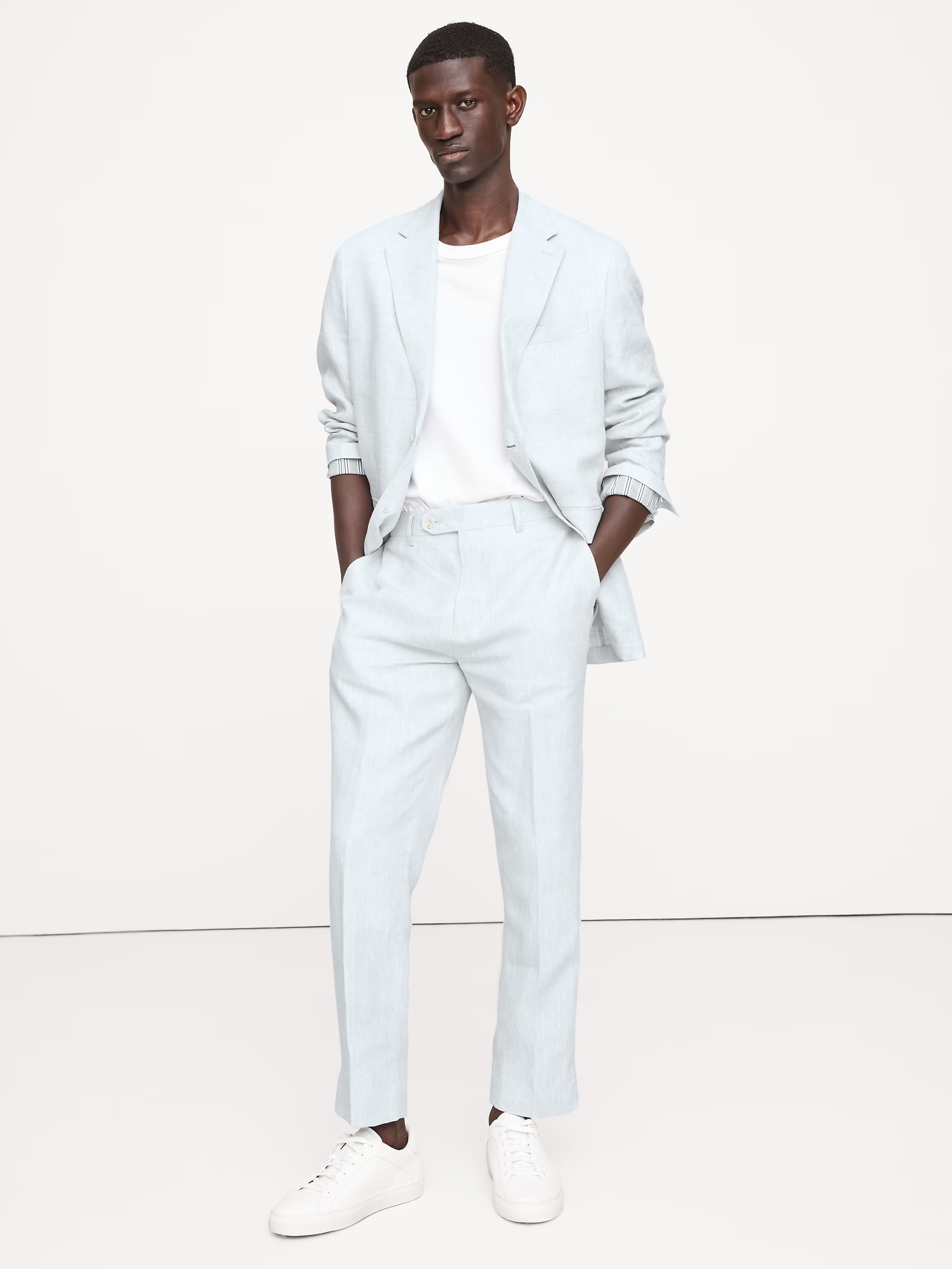 Men's 2 Pieces Linen Cotton stylish Light Blue Notch Lapel Summer Leisure Suit (Blazer+Pants)