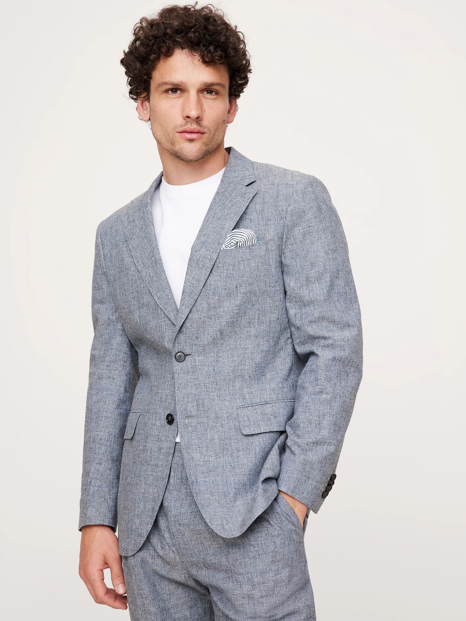 Men's 2 Pieces Blue Cotton-Linen stylish Beige Notch Lapel Summer Leisure Suit Jacket (Blazer+Pants)