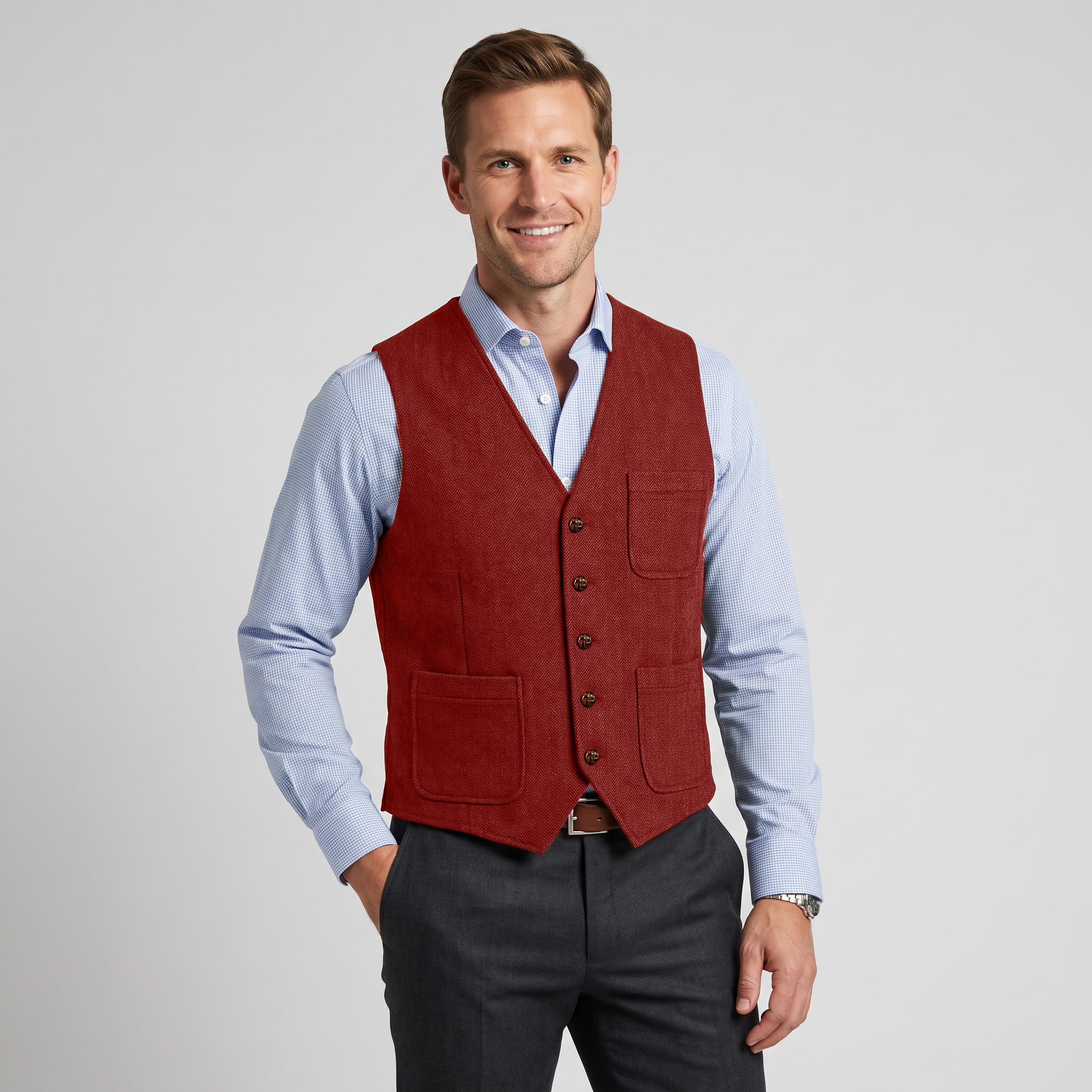 Ceehuteey Men's Tweed Herringbone V Neck Waistcoat
