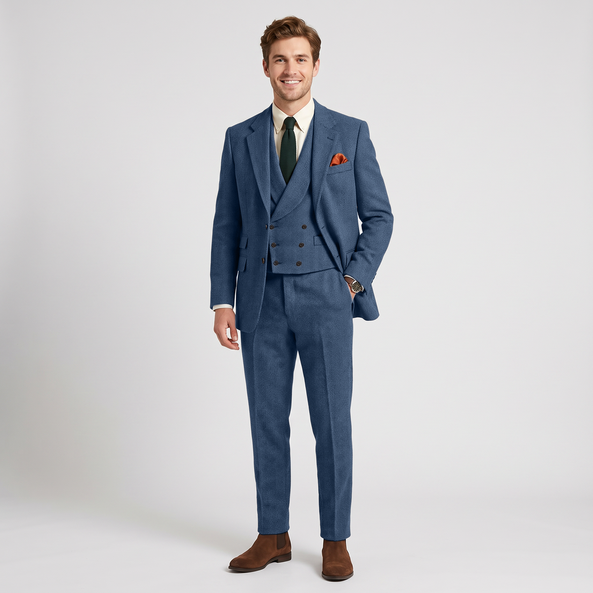 Ceehuteey 3 Pieces Men's Herringbone Notch Lapel Suit for Men (Blazer+Vest+Pants)
