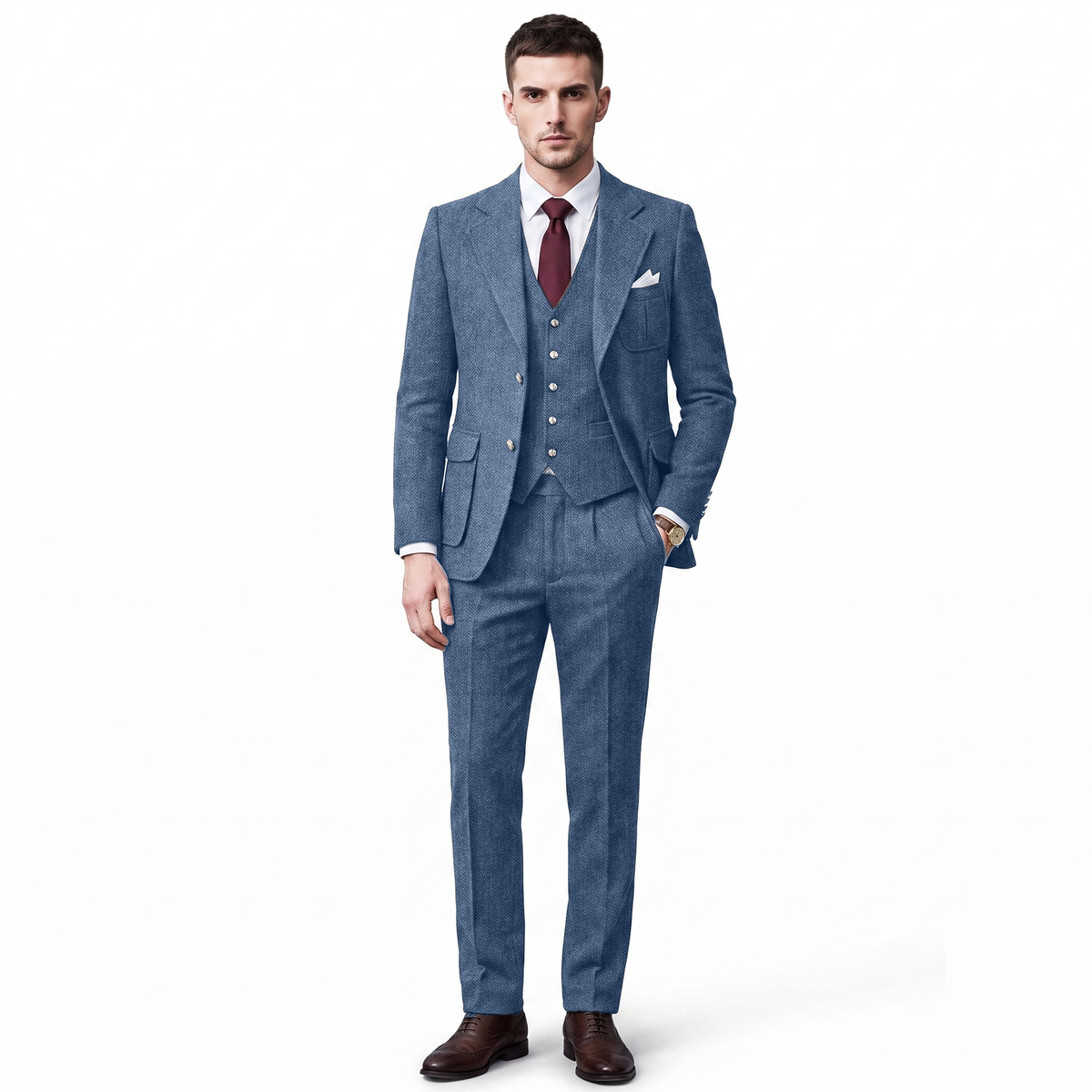 Ceehuteey Men's 3 Pieces Classic Herringbone Tweed Notch Lapel Suits (Blazer+Vest+Pants)