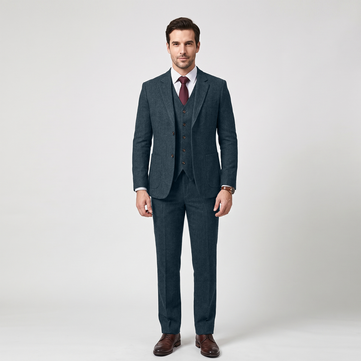 Ceehuteey 3 Pieces Men's Suit Herringbone Flat Notch Lapel Suit (Blazer+Vest+Pants)