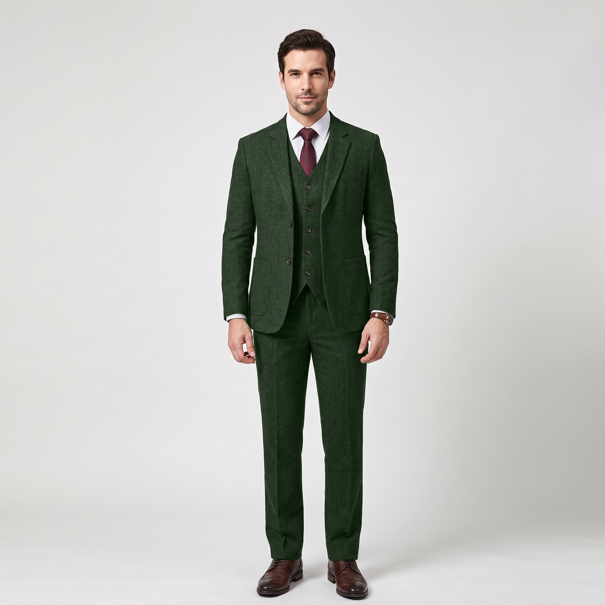 Ceehuteey 3 Pieces Men's Suit Herringbone Flat Notch Lapel Suit (Blazer+Vest+Pants)