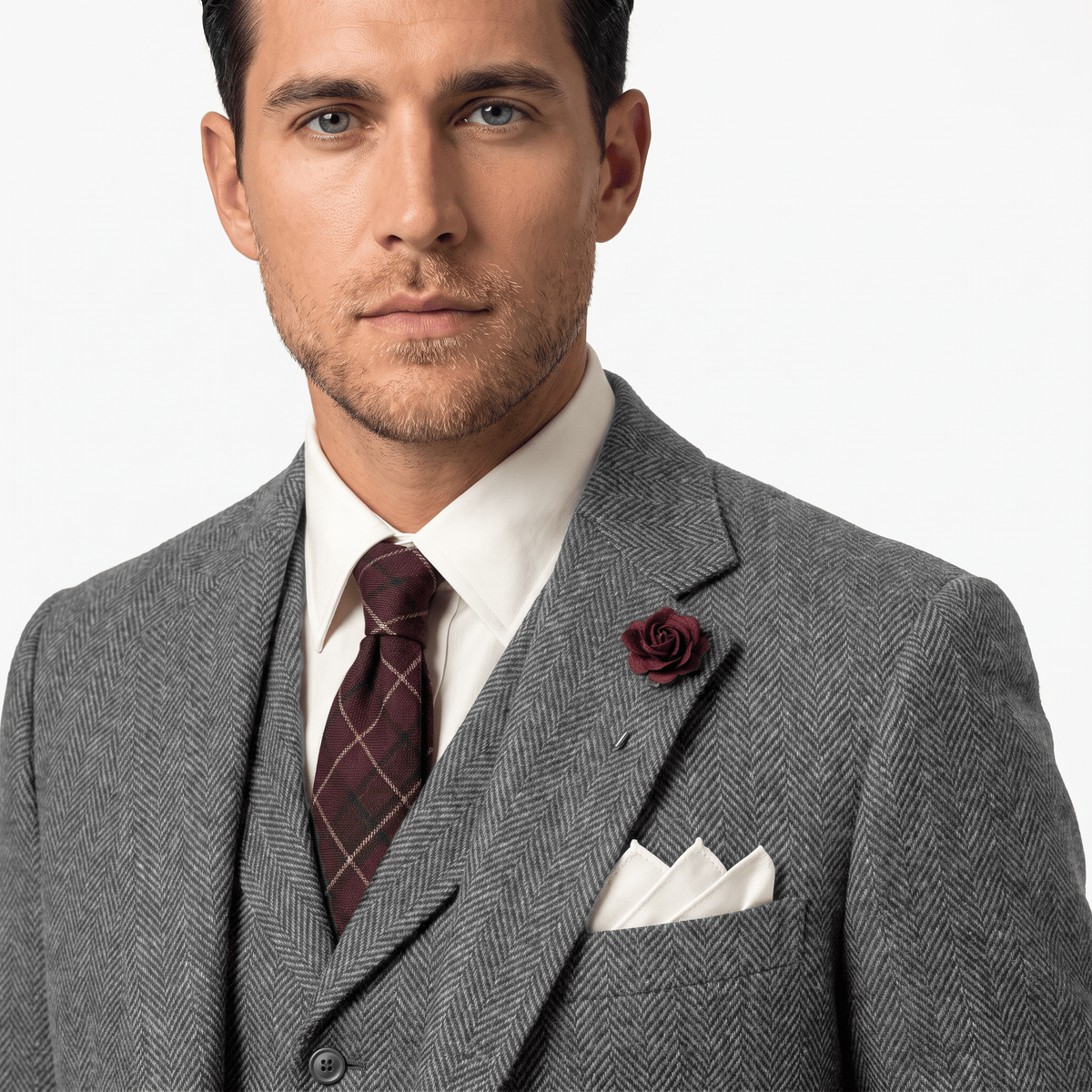 3 Pieces Double Breasted Herringbone Slim Fit Notch Lapel Men's Suit（Blazer+Vest+Pants）