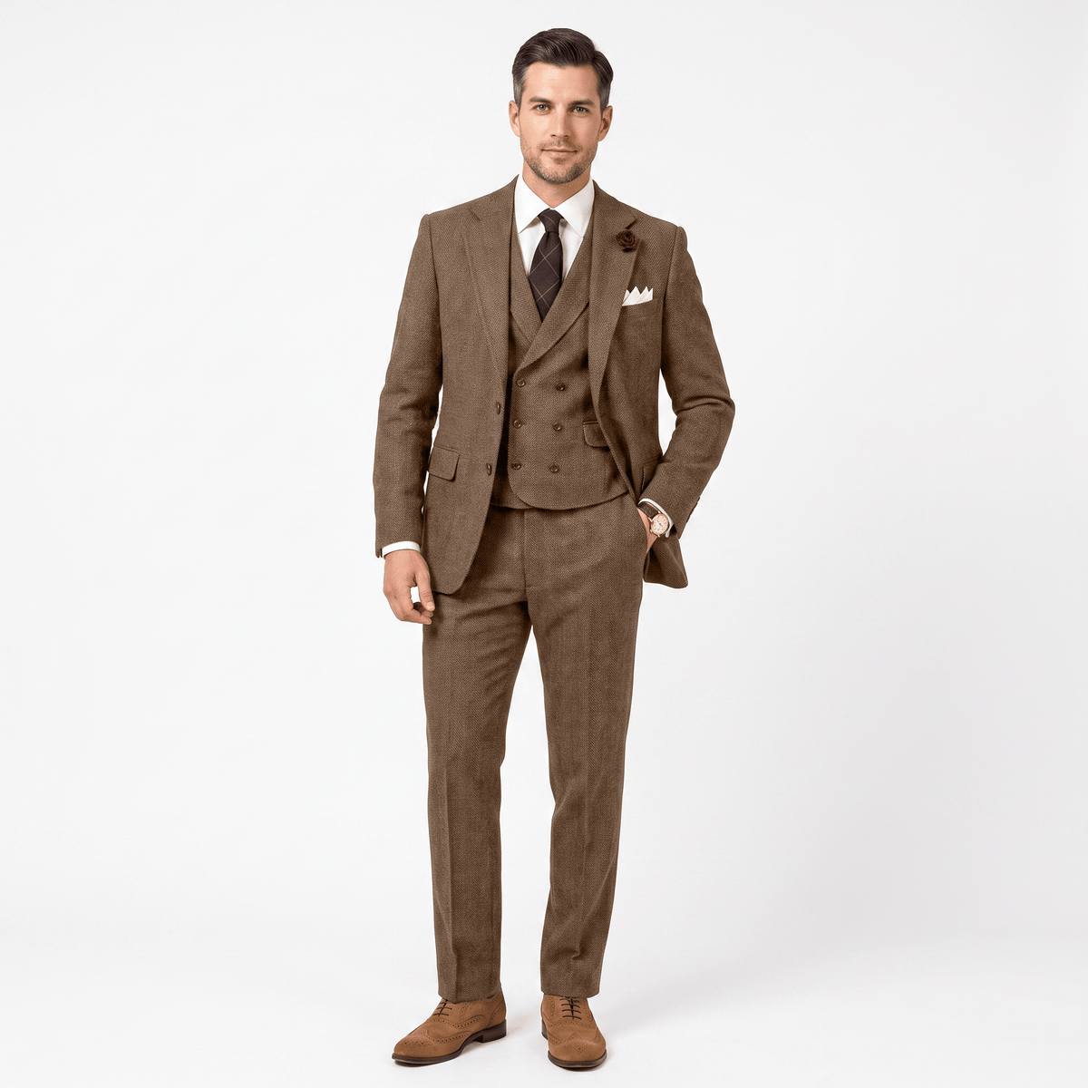 3 Pieces Double Breasted Herringbone Slim Fit Notch Lapel Men's Suit（Blazer+Vest+Pants）