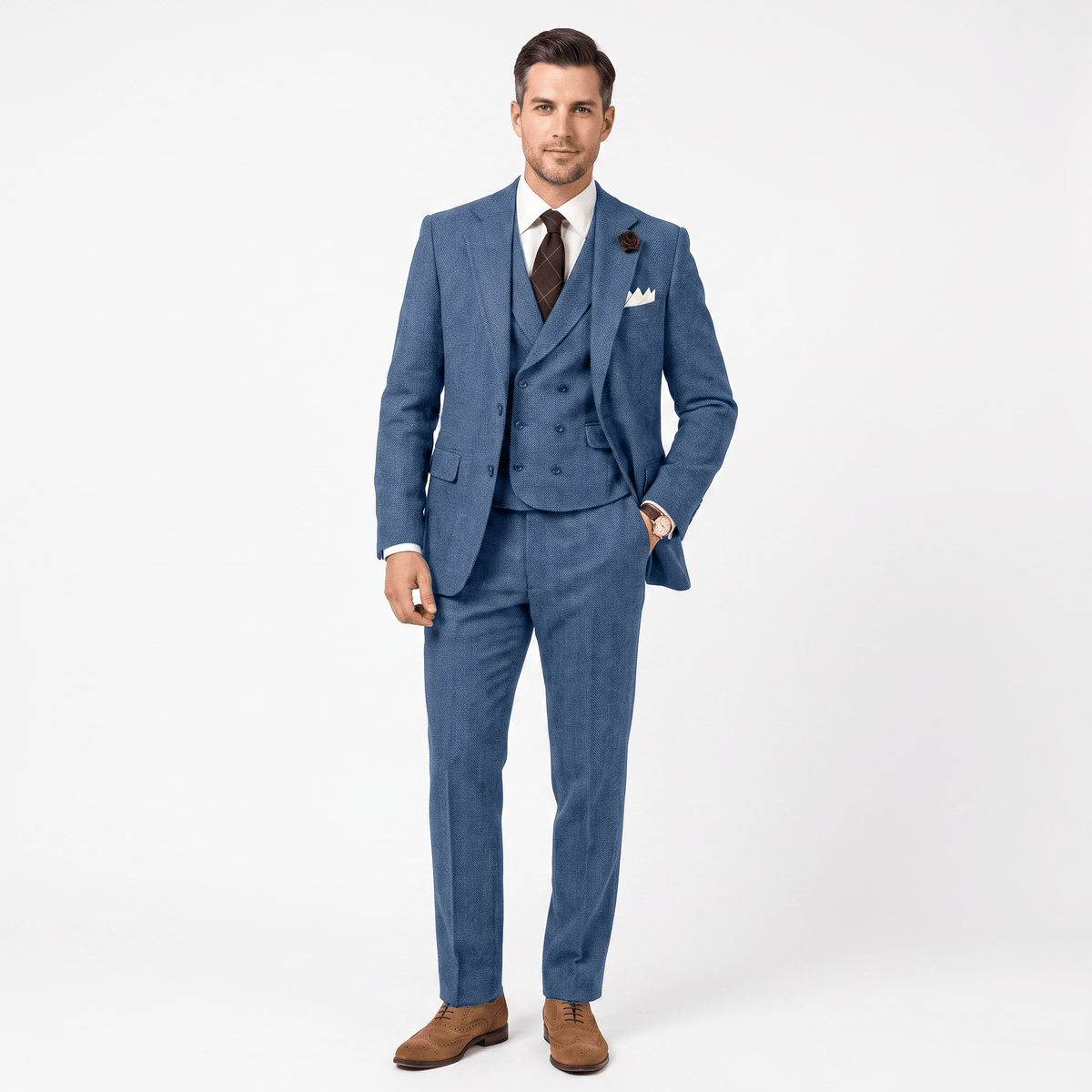 3 Pieces Double Breasted Herringbone Slim Fit Notch Lapel Men's Suit（Blazer+Vest+Pants）