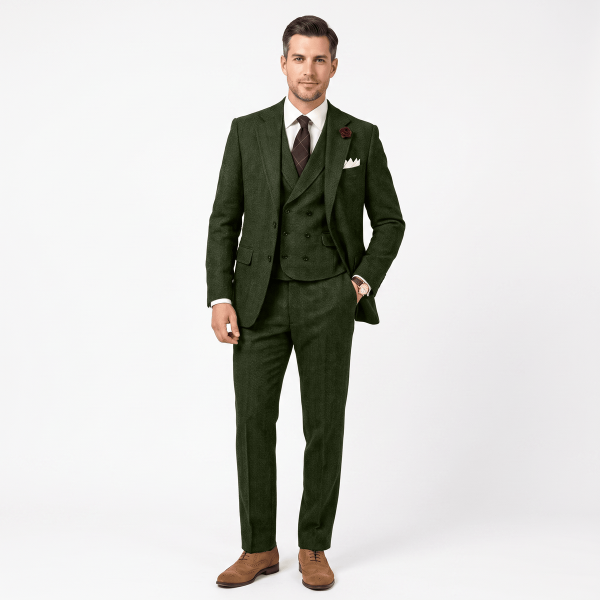 3 Pieces Double Breasted Herringbone Slim Fit Notch Lapel Men's Suit（Blazer+Vest+Pants）