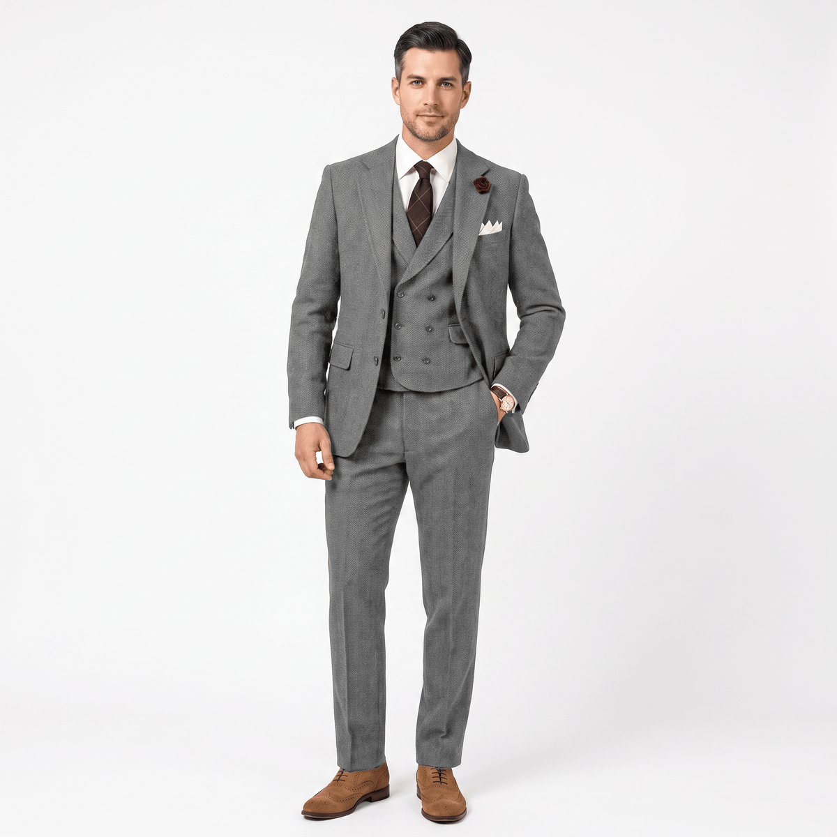 3 Pieces Double Breasted Herringbone Slim Fit Notch Lapel Men's Suit（Blazer+Vest+Pants）