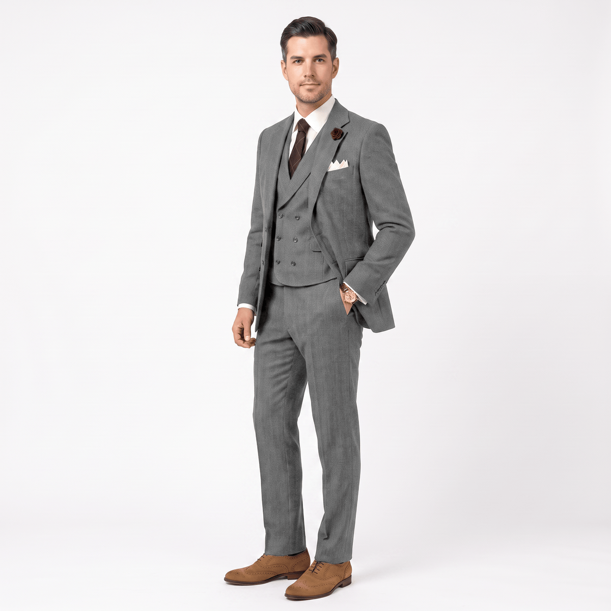 3 Pieces Double Breasted Herringbone Slim Fit Notch Lapel Men's Suit（Blazer+Vest+Pants）