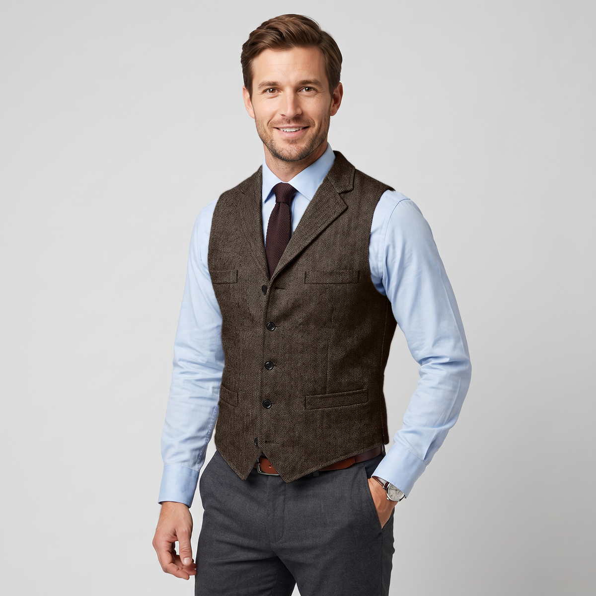 Ceehuteey Men's Classic Herringbone Notch Lapel Waistcoat