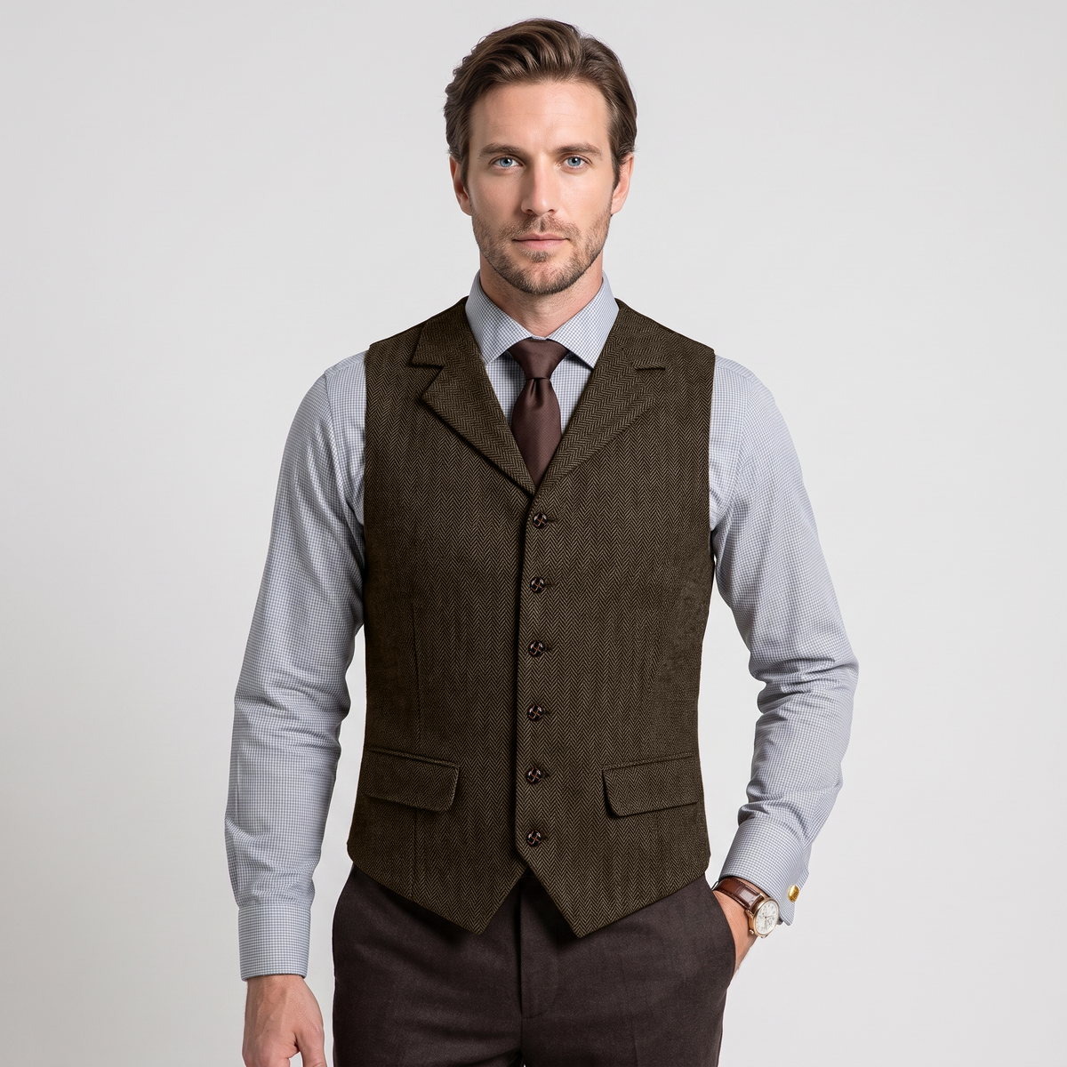 Ceehuteey Men's Classic vintage Vest Tweed Herringbone Notch Lapel Waistcoat