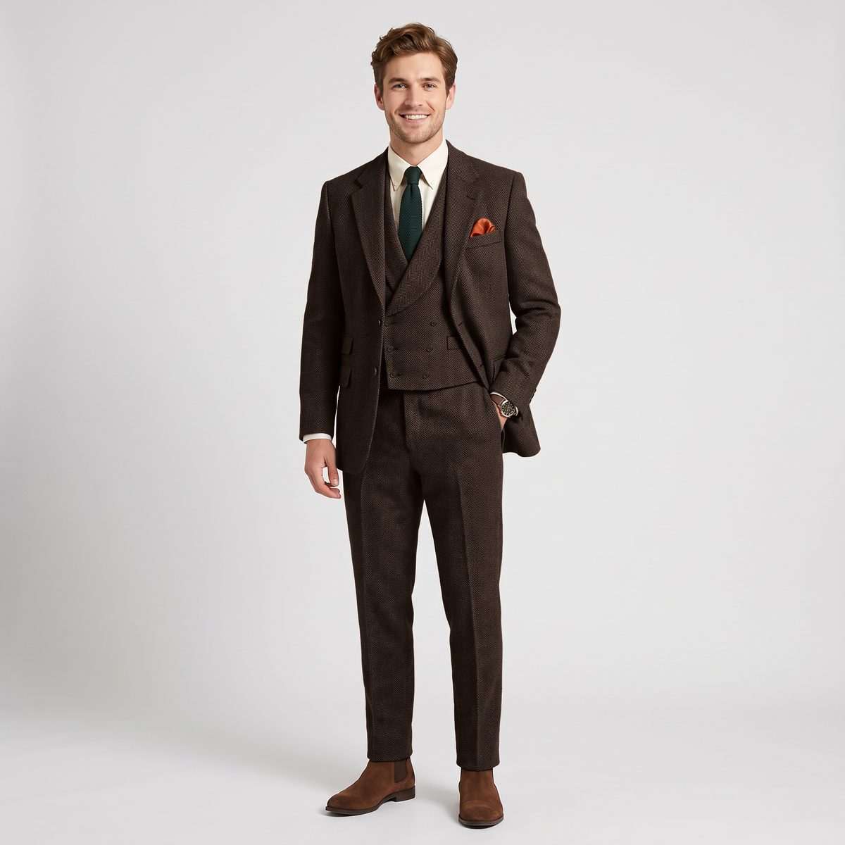 Ceehuteey 3 Pieces Men's Herringbone Notch Lapel Suit for Men (Blazer+Vest+Pants)
