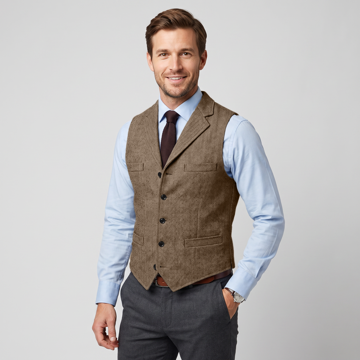 Ceehuteey Men's Classic Herringbone Notch Lapel Waistcoat