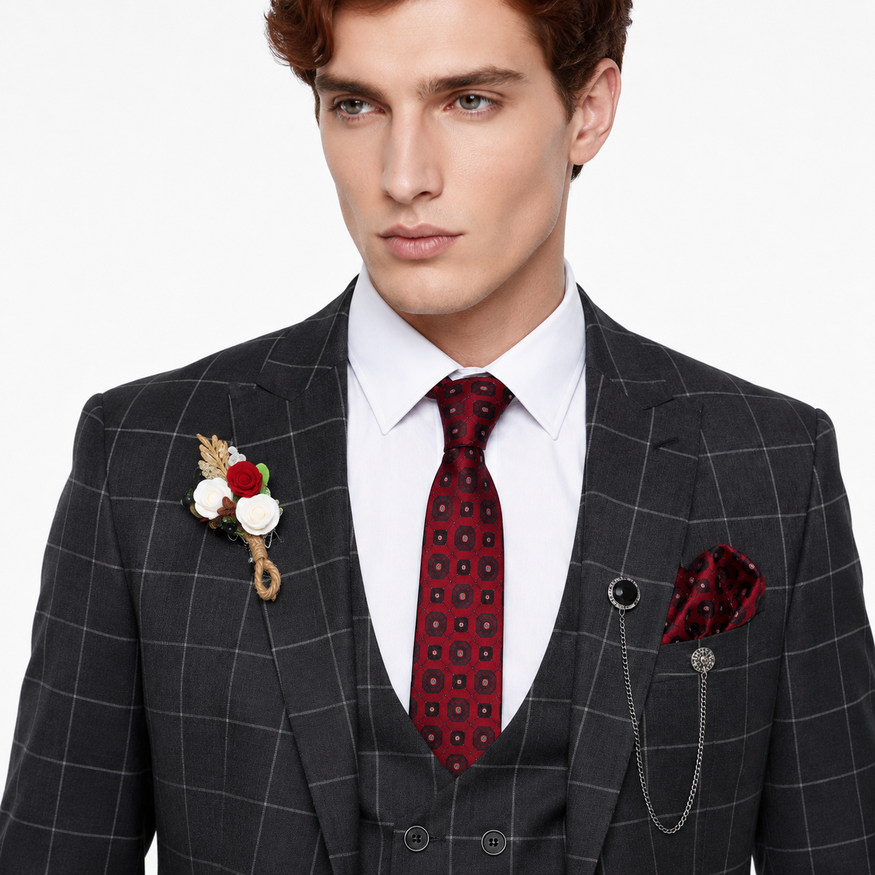 Ceehuteey Casual 3 Pieces Plaid Peak Lapel Men's Suits (Blazer+Vest+Pants)