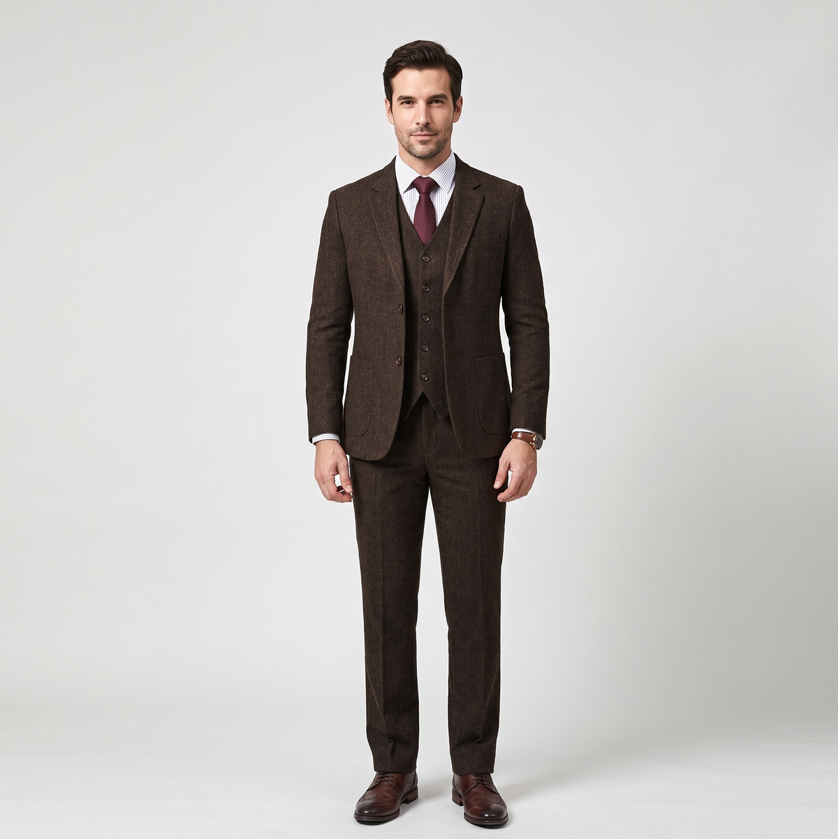 Ceehuteey 3 Pieces Men's Suit Herringbone Flat Notch Lapel Suit (Blazer+Vest+Pants)
