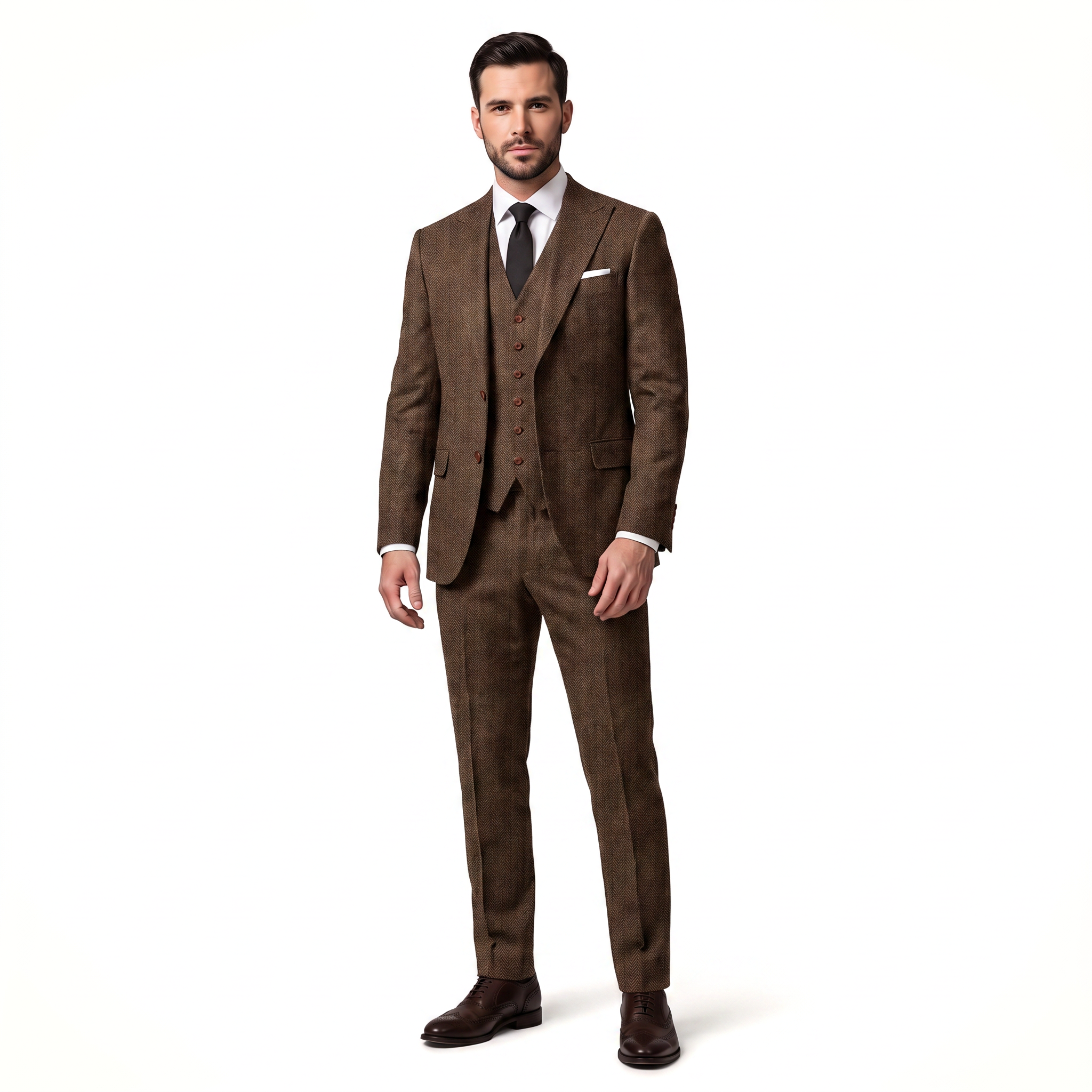 Ceehuteey Classic 3 Pieces Men's Suit Herringbone Peak Lapel Suit(Blazer+vest+Pants)