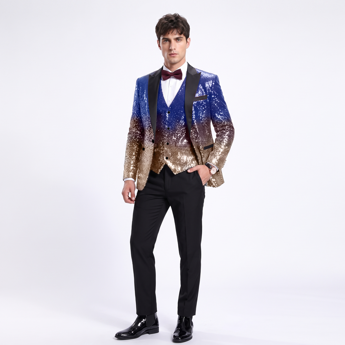 Ceehuteey Men's Shiny Sequins 3 Piece Suit Blazer One Button Prom (Blazer + Vest + Pants)