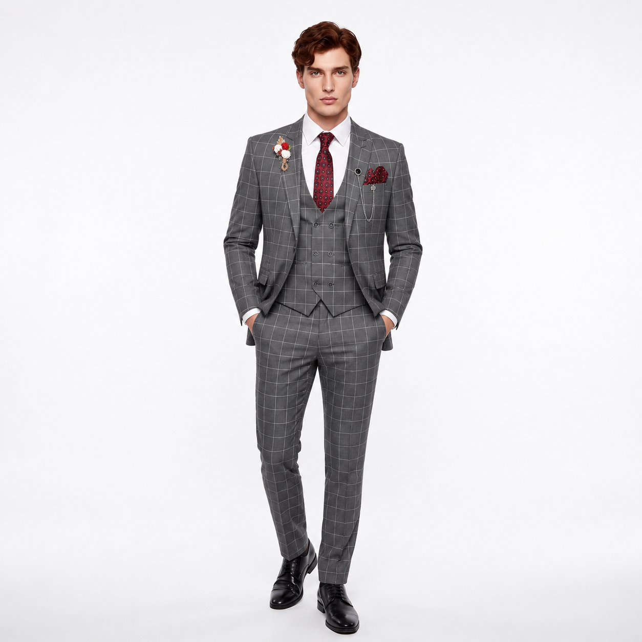 Ceehuteey Casual 3 Pieces Plaid Peak Lapel Men's Suits (Blazer+Vest+Pants)