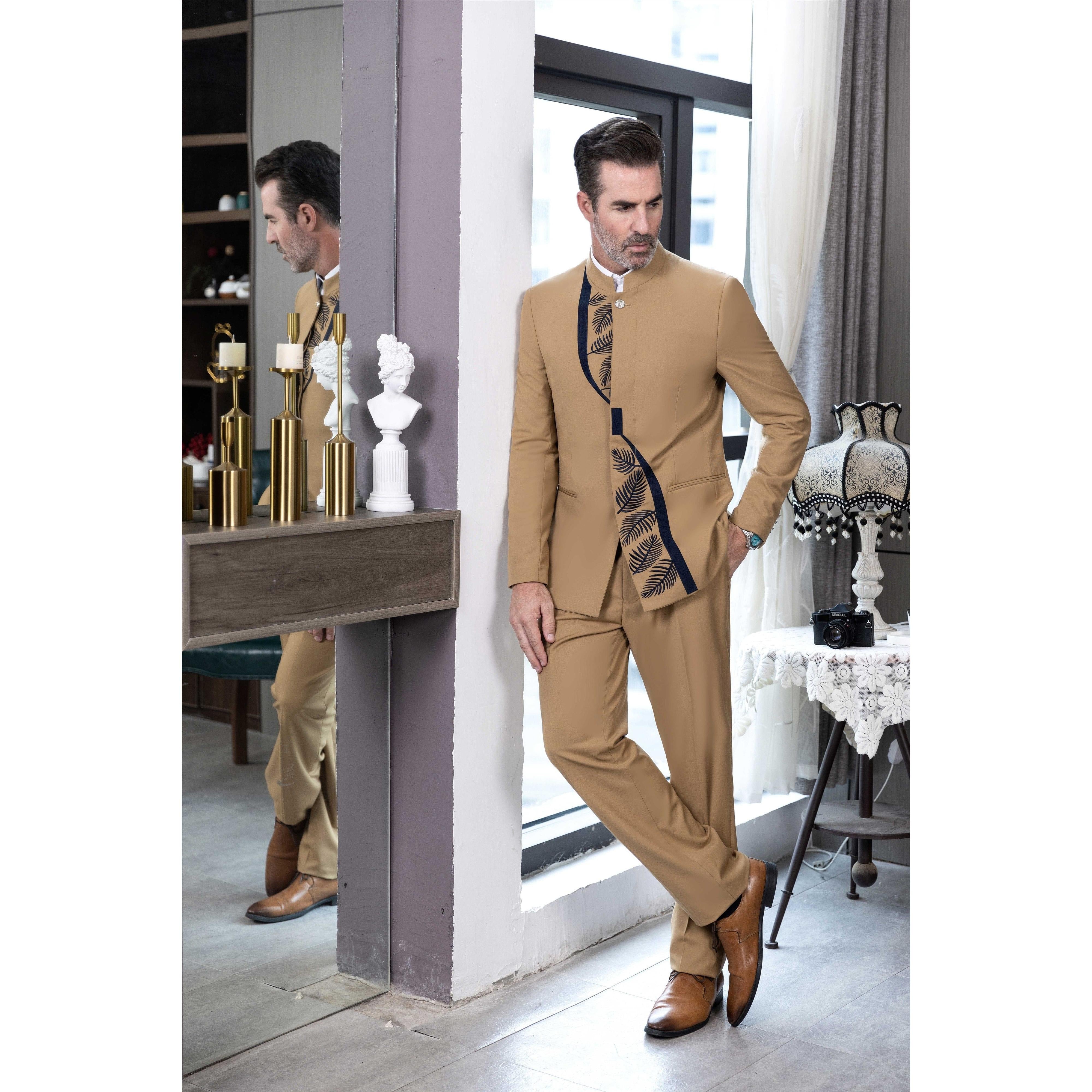 ceehuteey 2 Pieces Men's Stand Collar Chinese Classic Design Patterned Suits(Blazer+Pants)