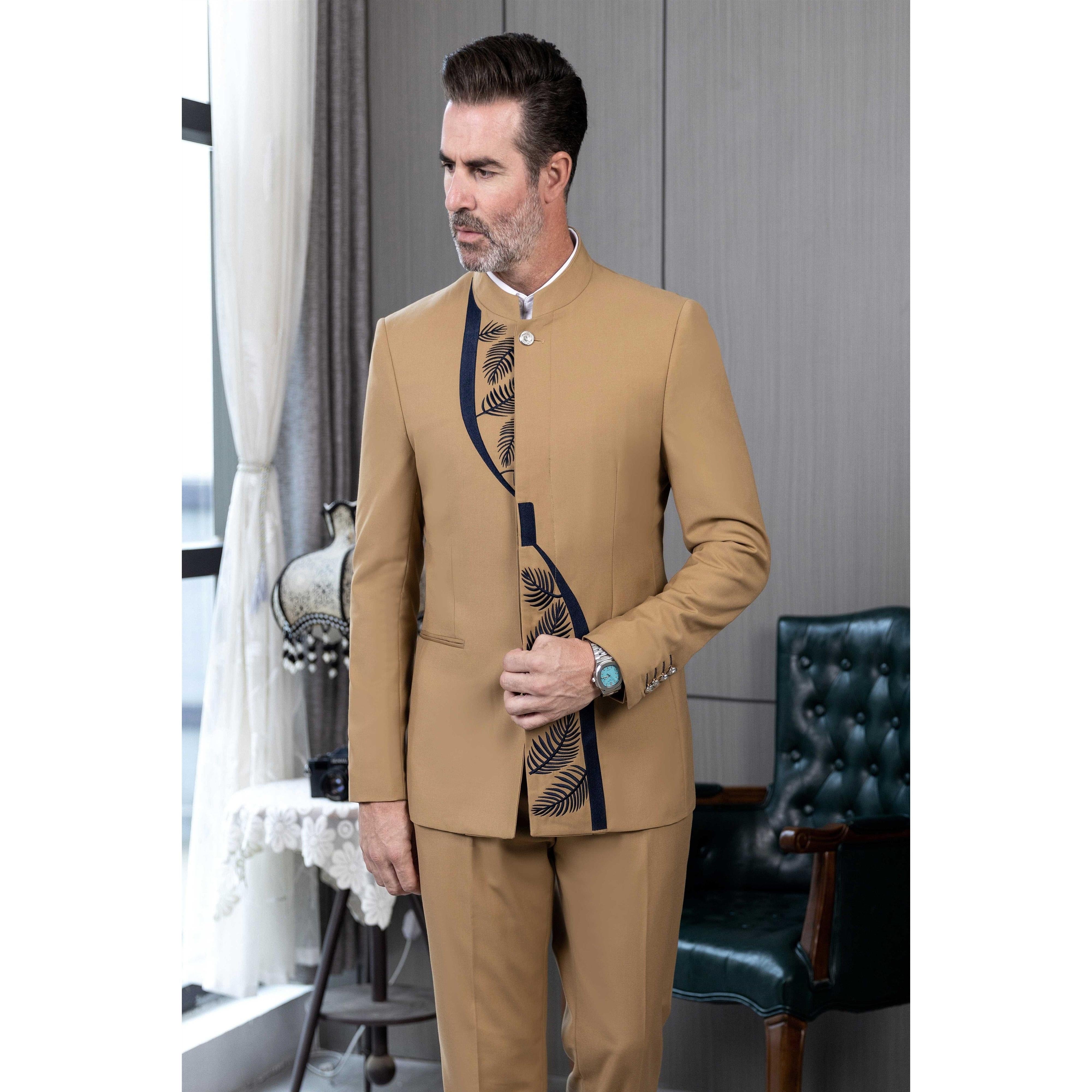 ceehuteey 2 Pieces Men's Stand Collar Chinese Classic Design Patterned Suits(Blazer+Pants)