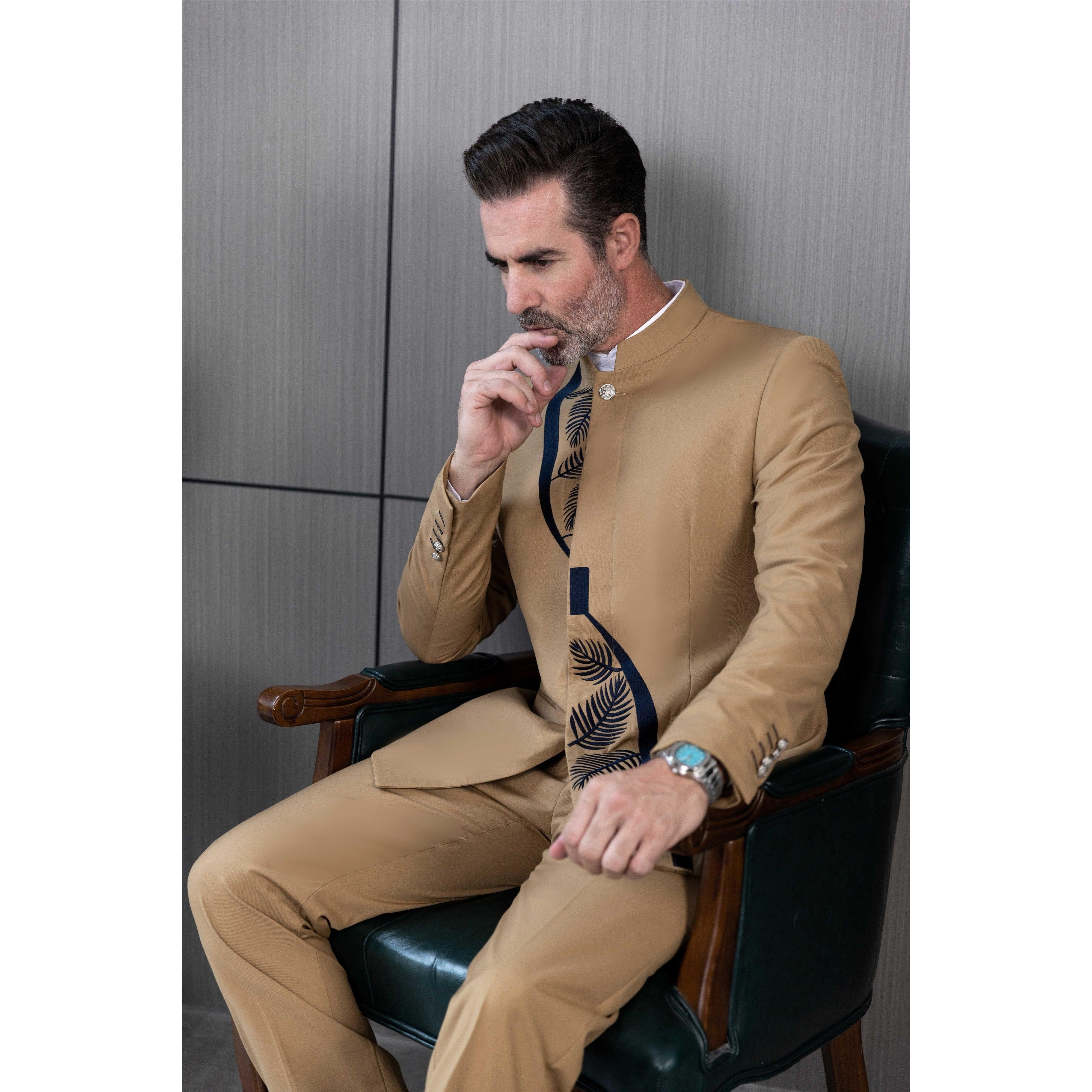 ceehuteey 2 Pieces Men's Stand Collar Chinese Classic Design Patterned Suits(Blazer+Pants)