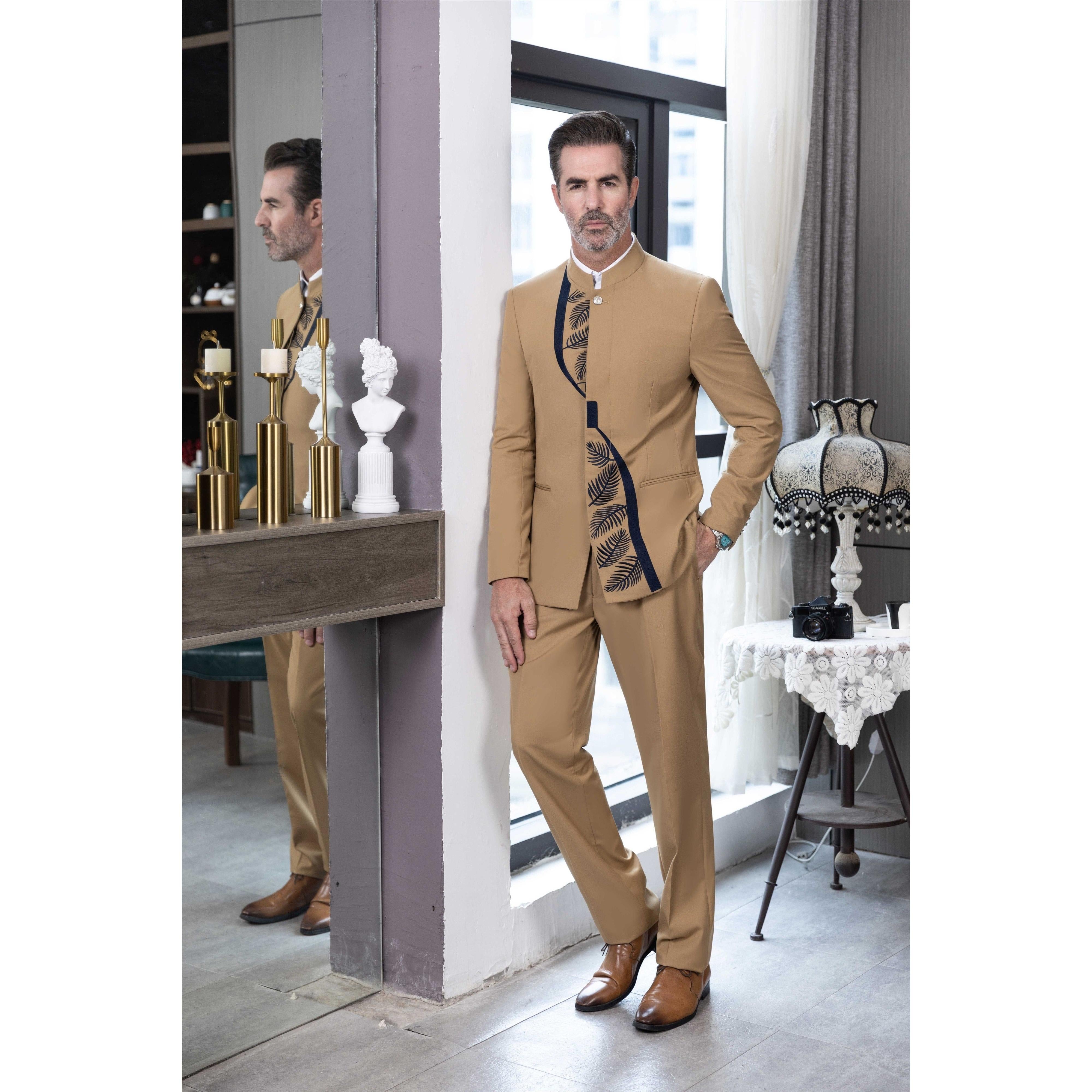 ceehuteey 2 Pieces Men's Stand Collar Chinese Classic Design Patterned Suits(Blazer+Pants)