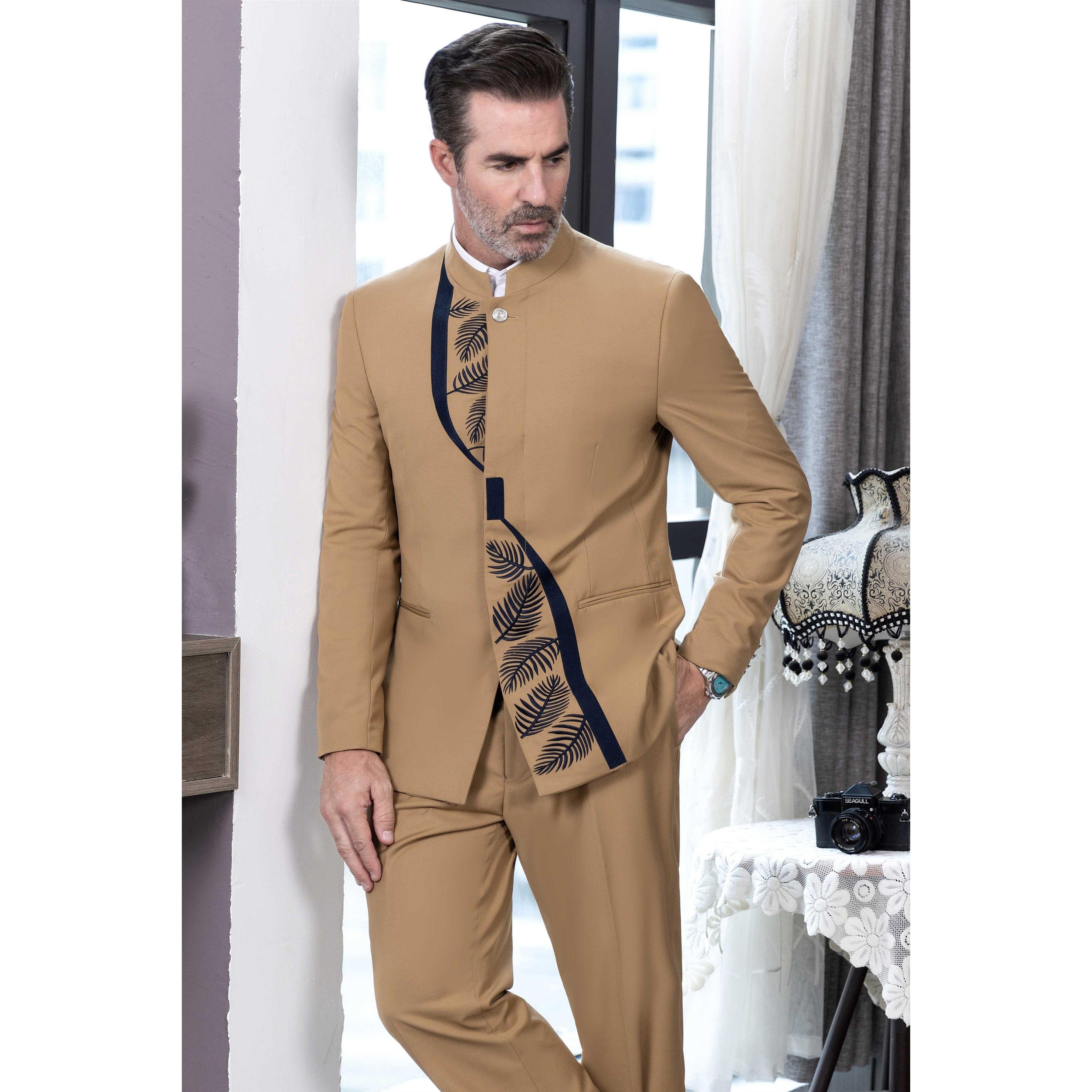 ceehuteey 2 Pieces Men's Stand Collar Chinese Classic Design Patterned Suits(Blazer+Pants)