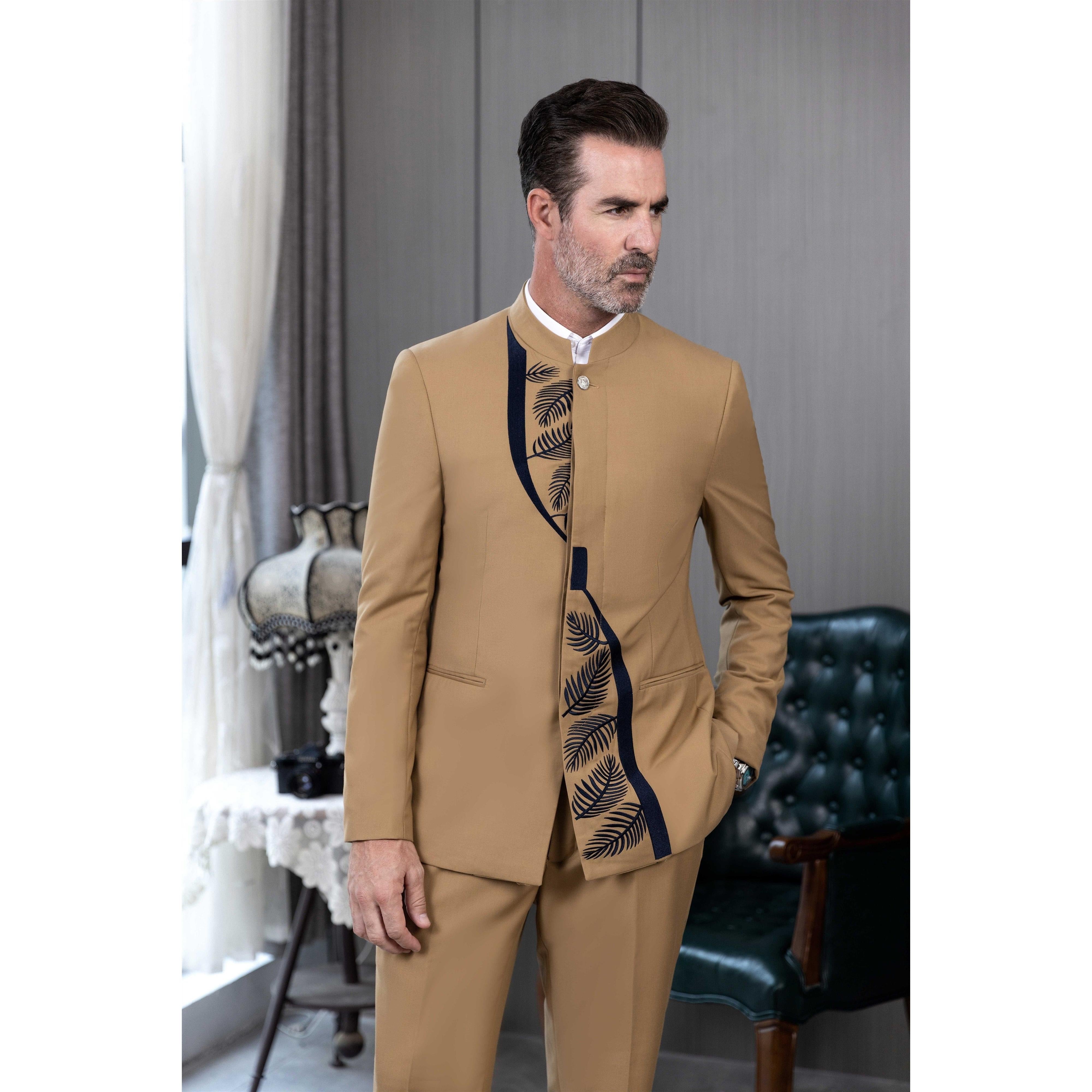 ceehuteey 2 Pieces Men's Stand Collar Chinese Classic Design Patterned Suits(Blazer+Pants)