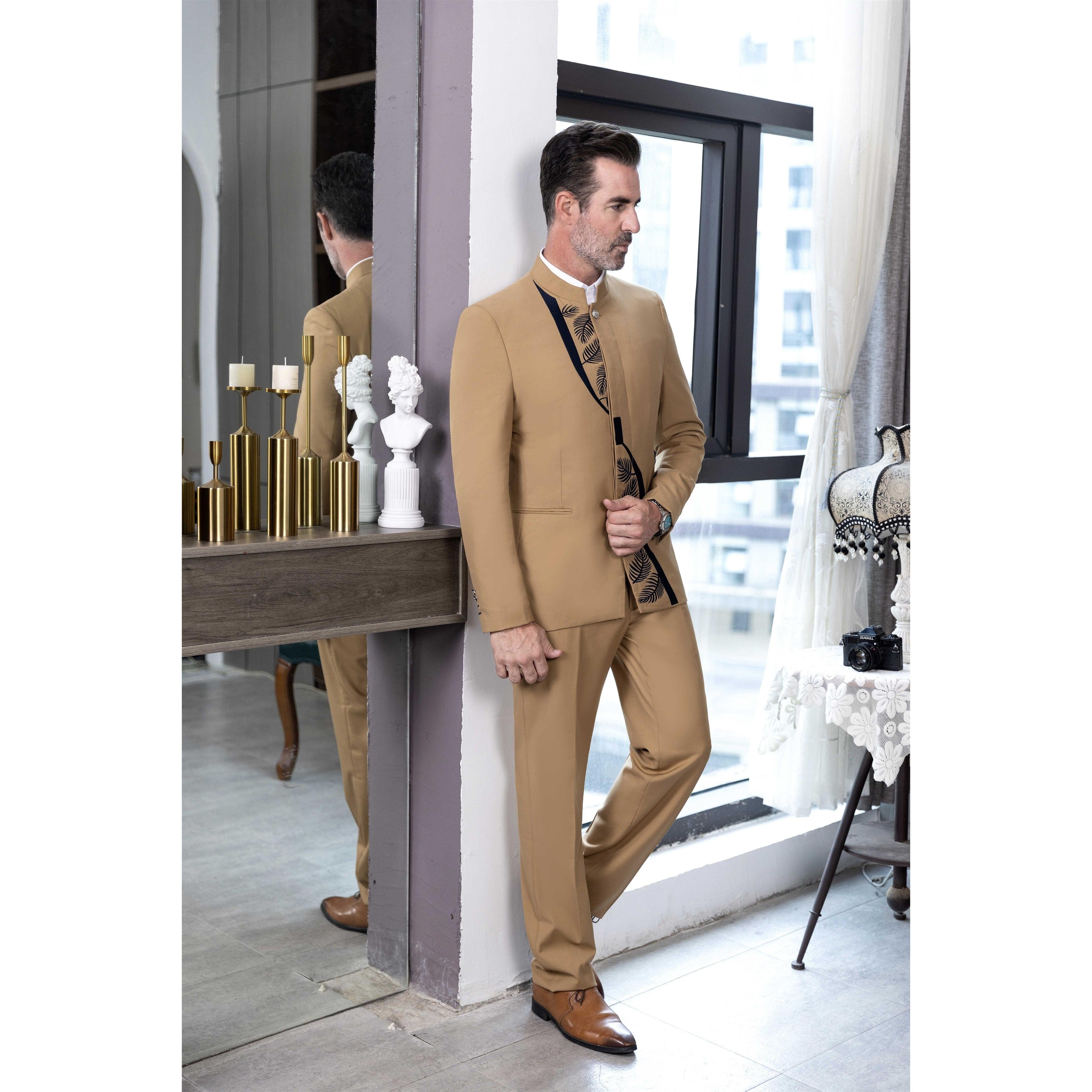 ceehuteey 2 Pieces Men's Stand Collar Chinese Classic Design Patterned Suits(Blazer+Pants)