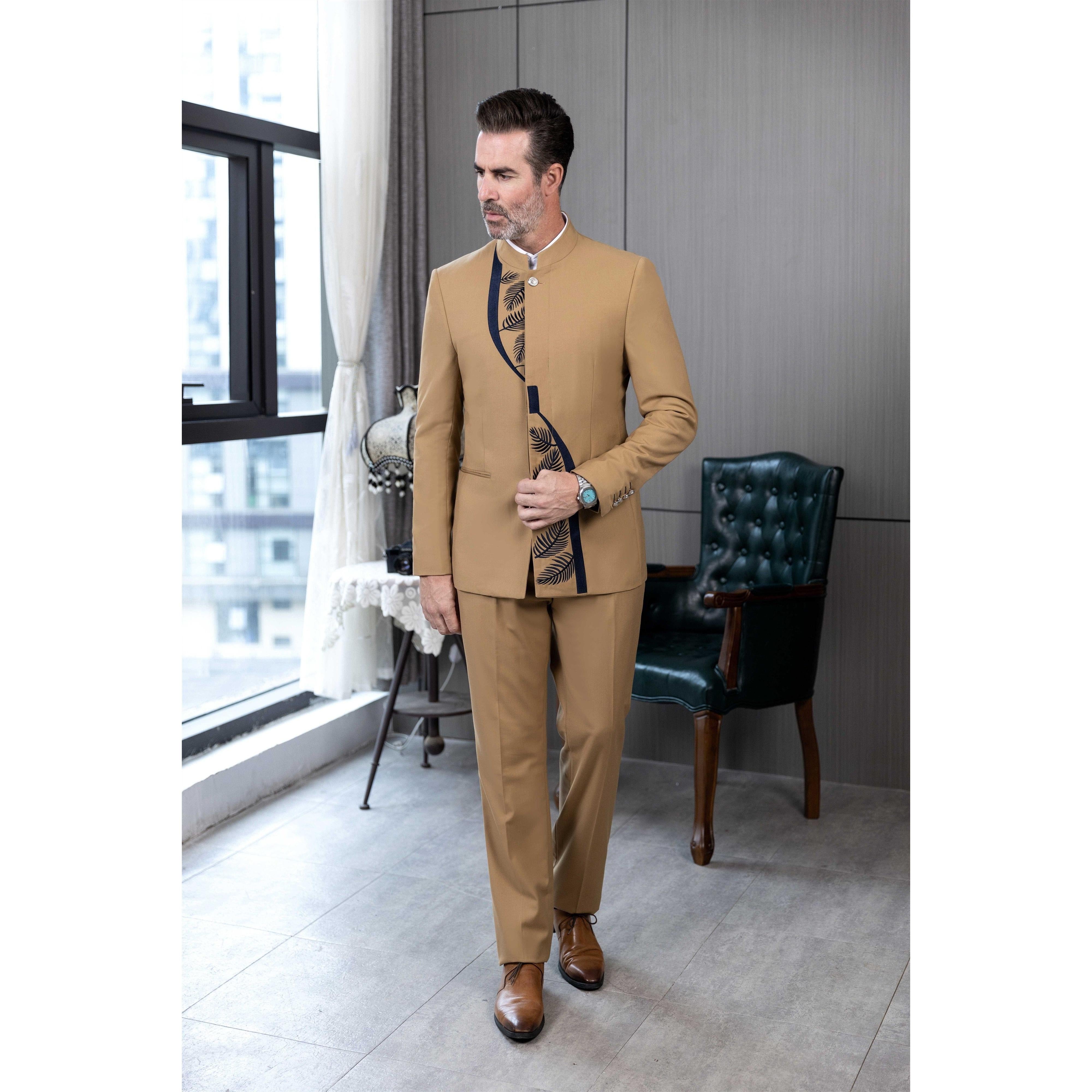 ceehuteey 2 Pieces Men's Stand Collar Chinese Classic Design Patterned Suits(Blazer+Pants)