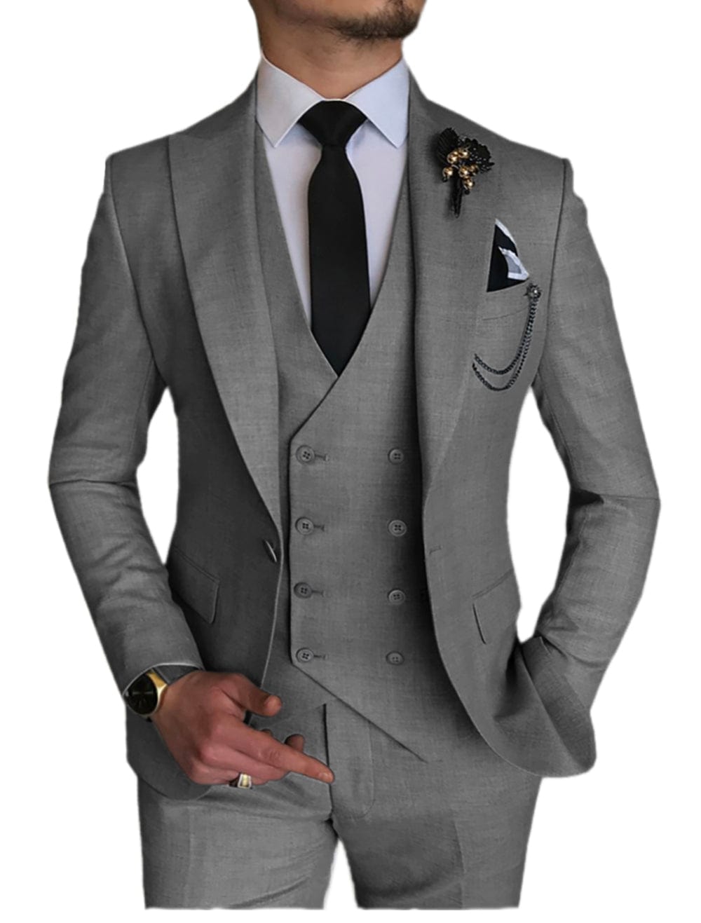 ceehuteey 3 Piece Mens Suit Double Breasted Prom Peak Lapel Suit (Blazer + Vest + Pants)