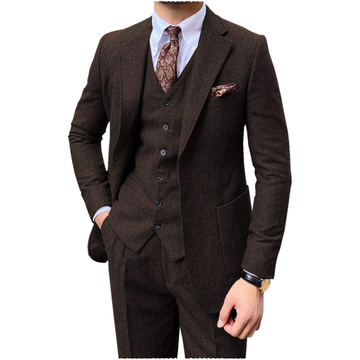 ceehuteey 3 Piece Mens Suit Herringbone Notch Lapel Tuxedos (Blazer+Vest+Pants)