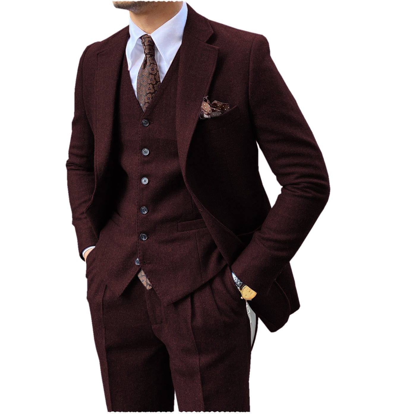 ceehuteey 3 Piece Mens Suit Herringbone Notch Lapel Tuxedos (Blazer+Vest+Pants)