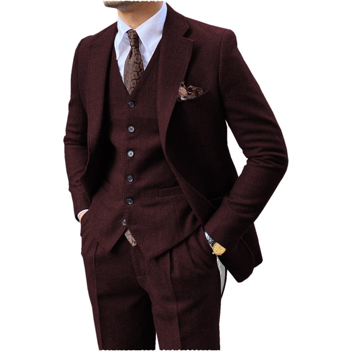 ceehuteey 3 Piece Mens Suit Herringbone Notch Lapel Tuxedos (Blazer+Vest+Pants)