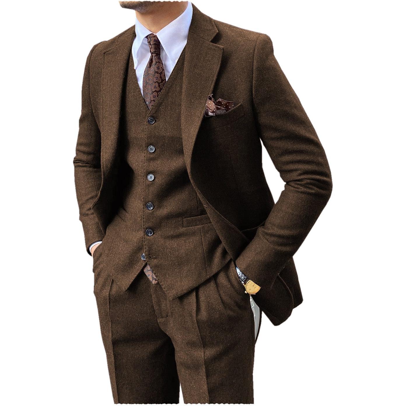 ceehuteey 3 Piece Mens Suit Herringbone Notch Lapel Tuxedos (Blazer+Vest+Pants)