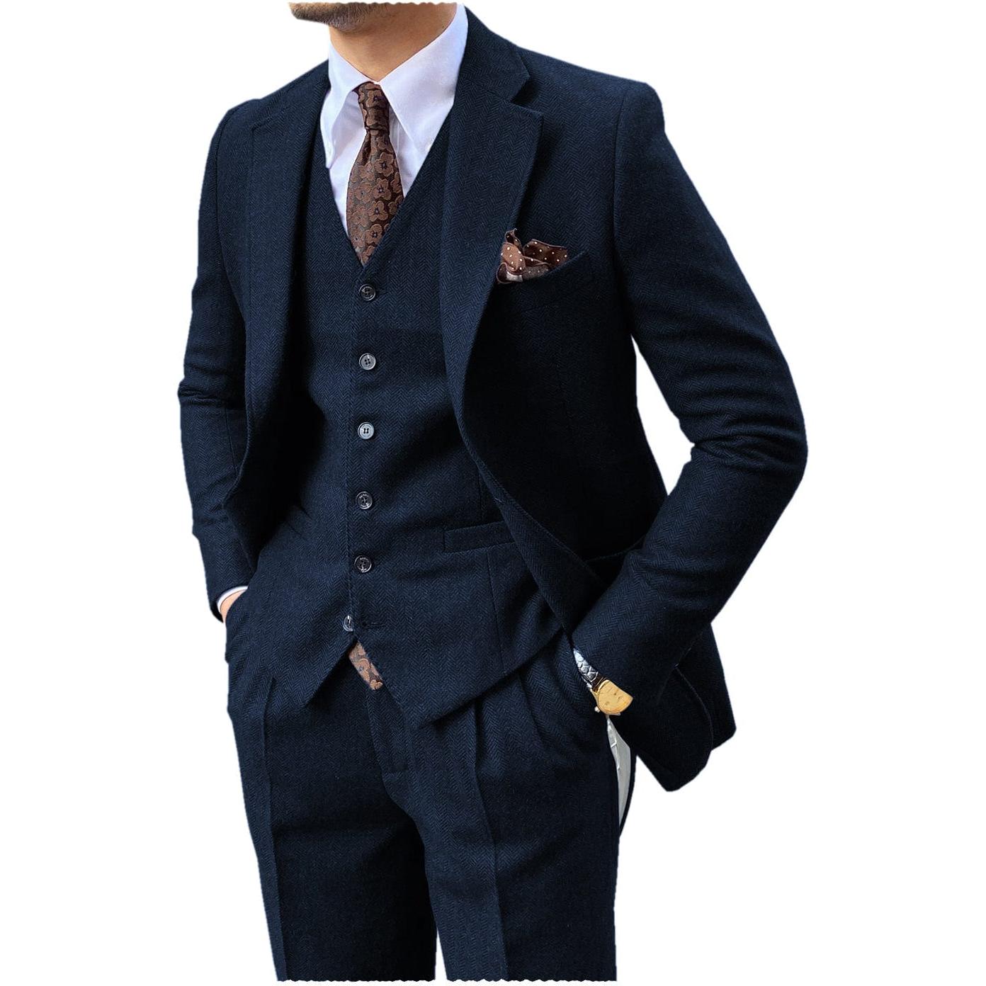 ceehuteey 3 Piece Mens Suit Herringbone Notch Lapel Tuxedos (Blazer+Vest+Pants)