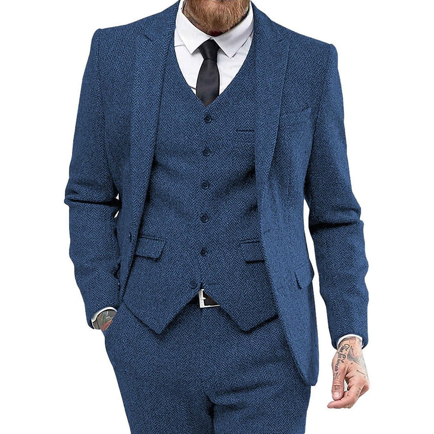 ceehuteey 3 Piece Mens Suit Herringbone Peak Lapel Tuxedos (Blazer+vest+Pants)