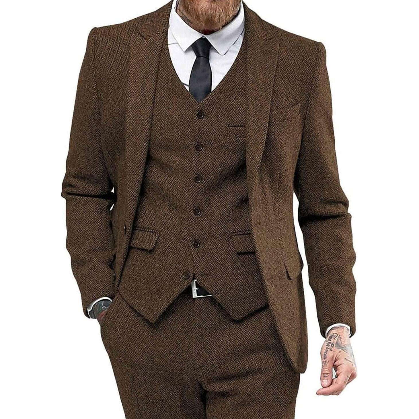 ceehuteey 3 Piece Mens Suit Herringbone Peak Lapel Tuxedos (Blazer+vest+Pants)