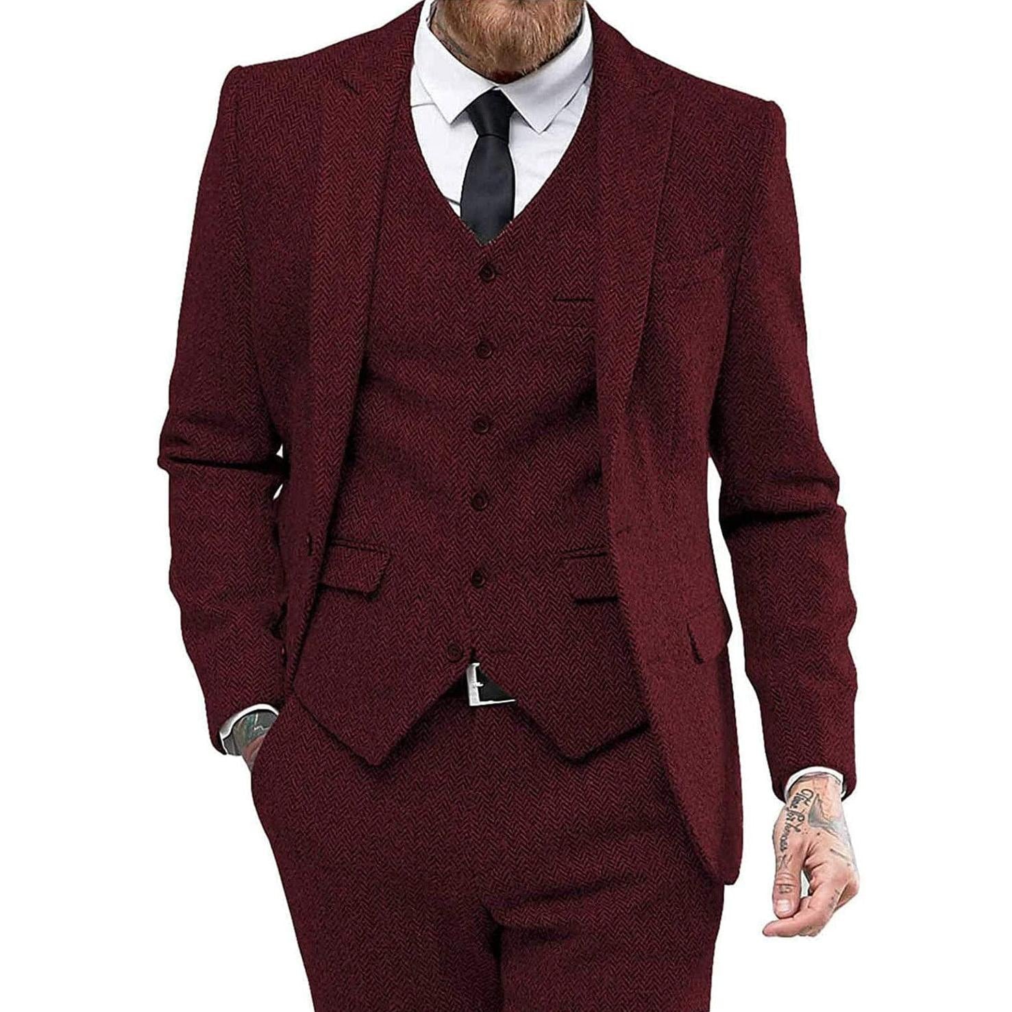 ceehuteey 3 Piece Mens Suit Herringbone Peak Lapel Tuxedos (Blazer+vest+Pants)