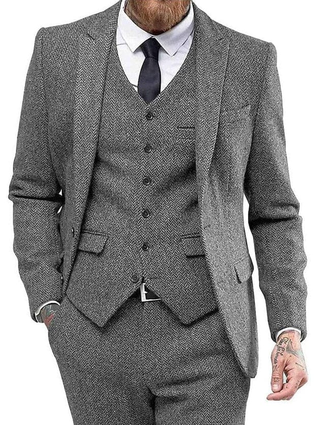 ceehuteey 3 Piece Mens Suit Herringbone Peak Lapel Tuxedos (Blazer+vest+Pants)