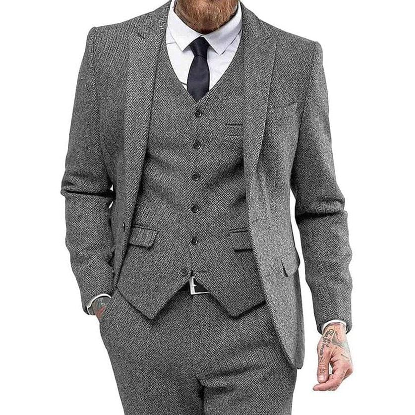 ceehuteey 3 Piece Mens Suit Herringbone Peak Lapel Tuxedos (Blazer+vest+Pants)
