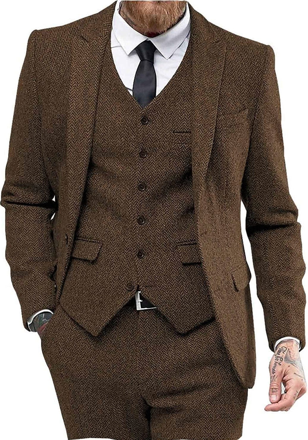 ceehuteey 3 Piece Mens Suit Herringbone Peak Lapel Tuxedos (Blazer+vest+Pants)
