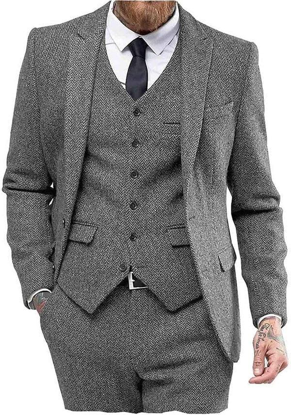 ceehuteey 3 Piece Mens Suit Herringbone Peak Lapel Tuxedos (Blazer+vest+Pants)