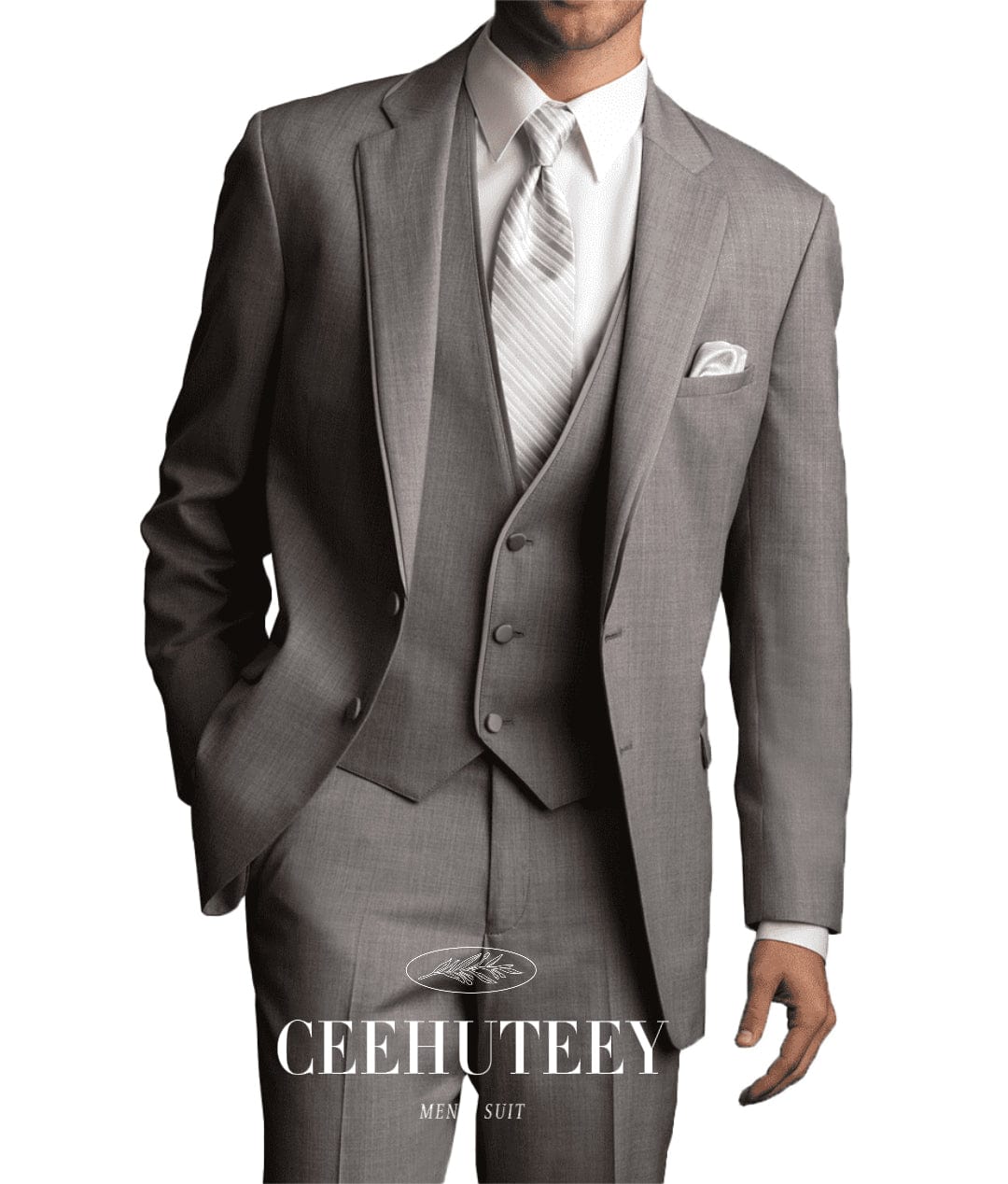 ceehuteey 3 Pieces Men's Solid Fashion Linen Flat Suit for Men (Blazer+Vest+Pants)