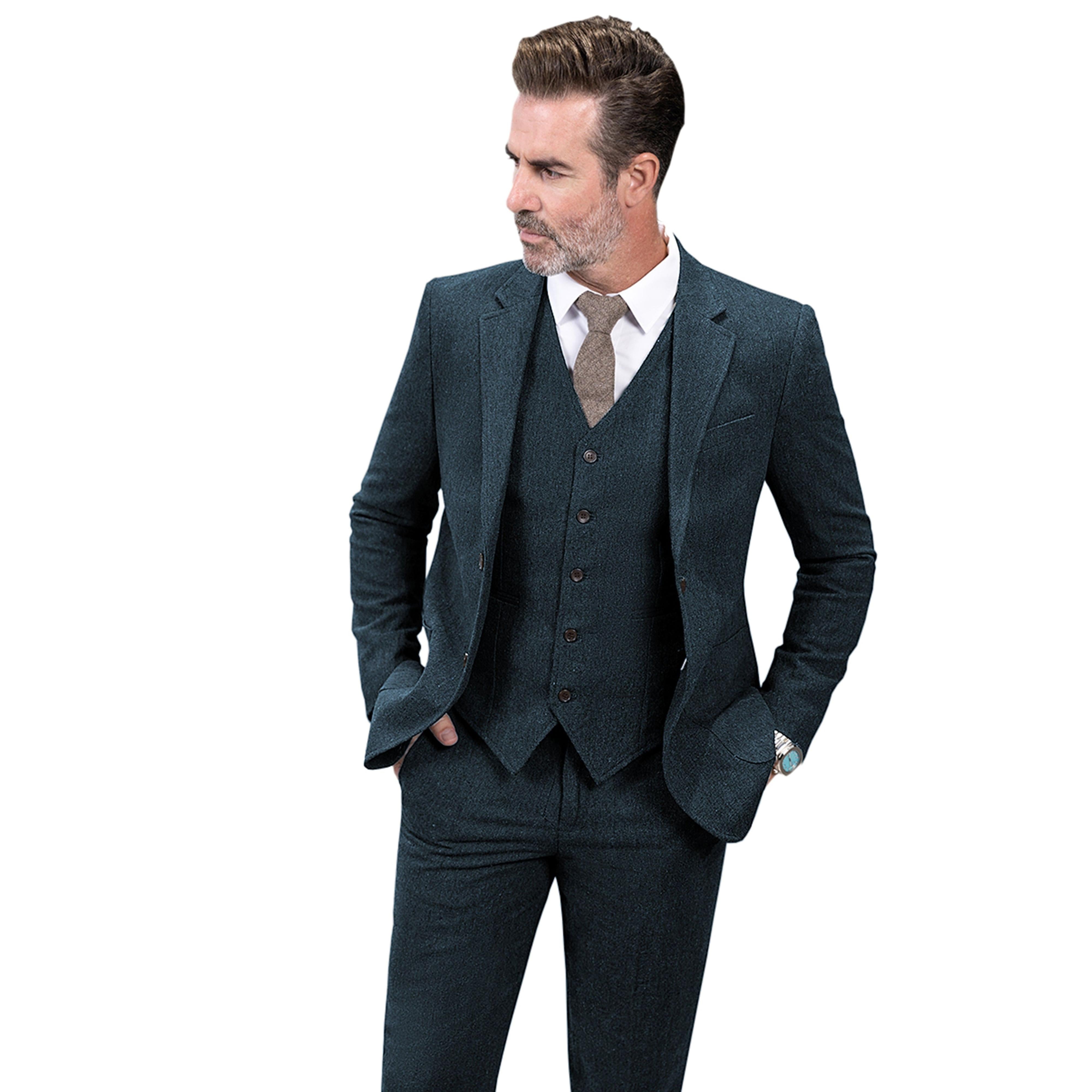 ceehuteey 3 Pieces Mens Suit Herringbone Business Flat Suit (Blazer+vest+Pants)