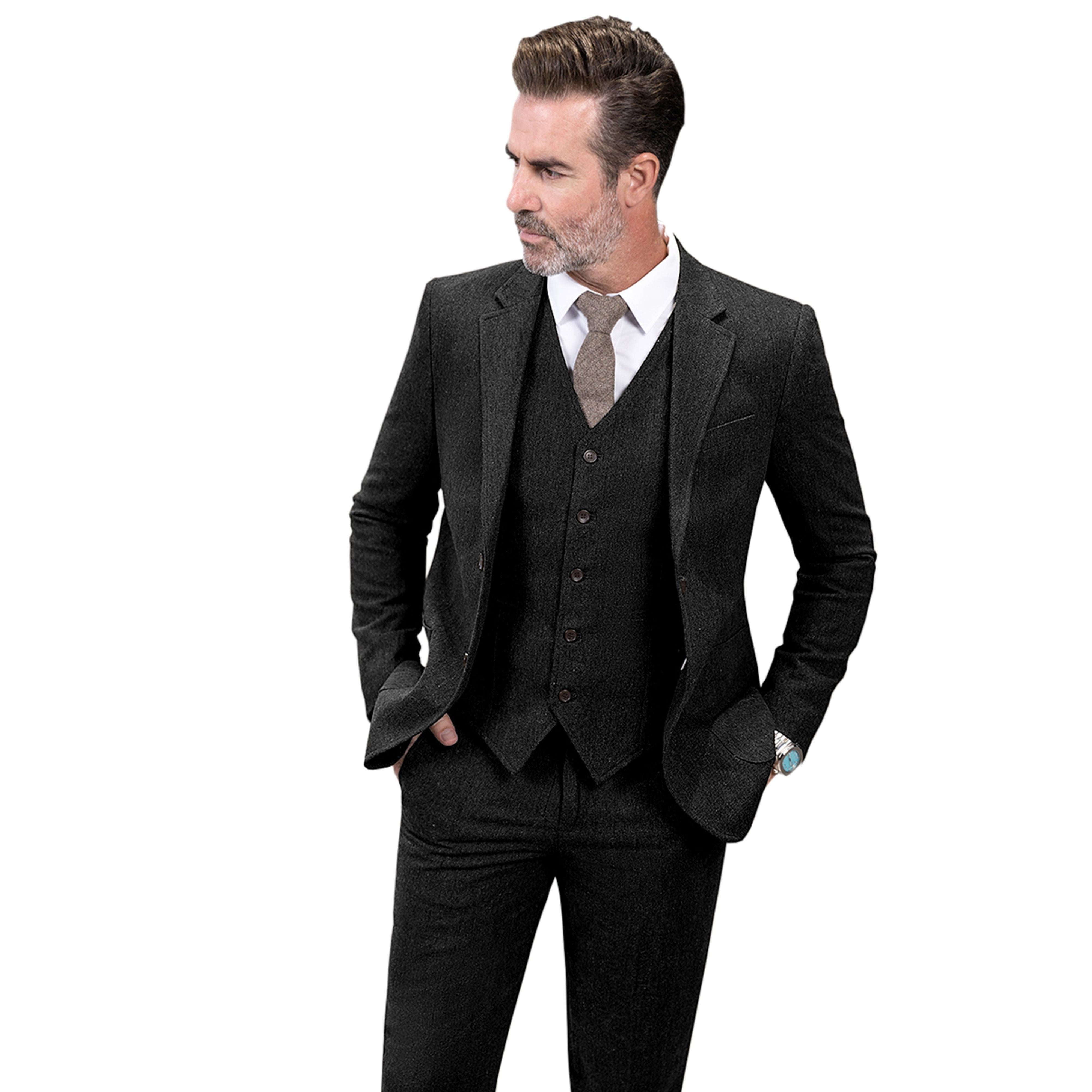 ceehuteey 3 Pieces Mens Suit Herringbone Business Flat Suit (Blazer+vest+Pants)