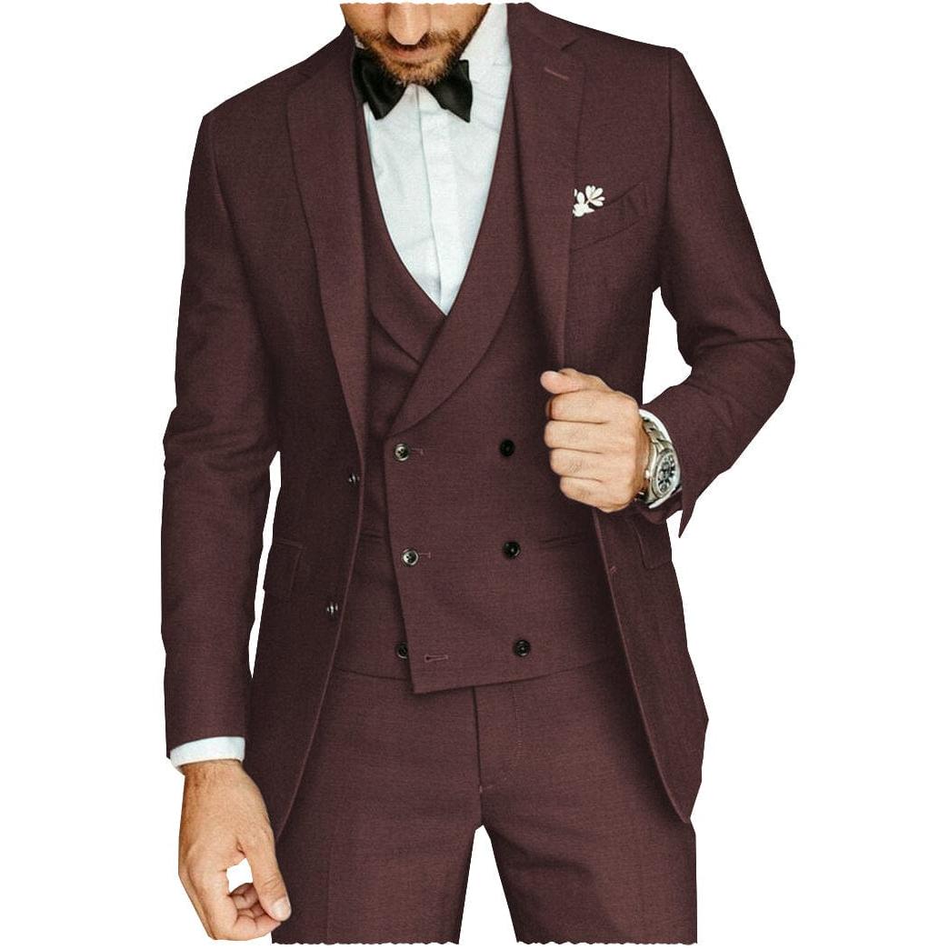 ceehuteey Casual Men's 3 Pieces  Notch Lapel Tuxedos Burgundy (Blazer+vest+Pants)