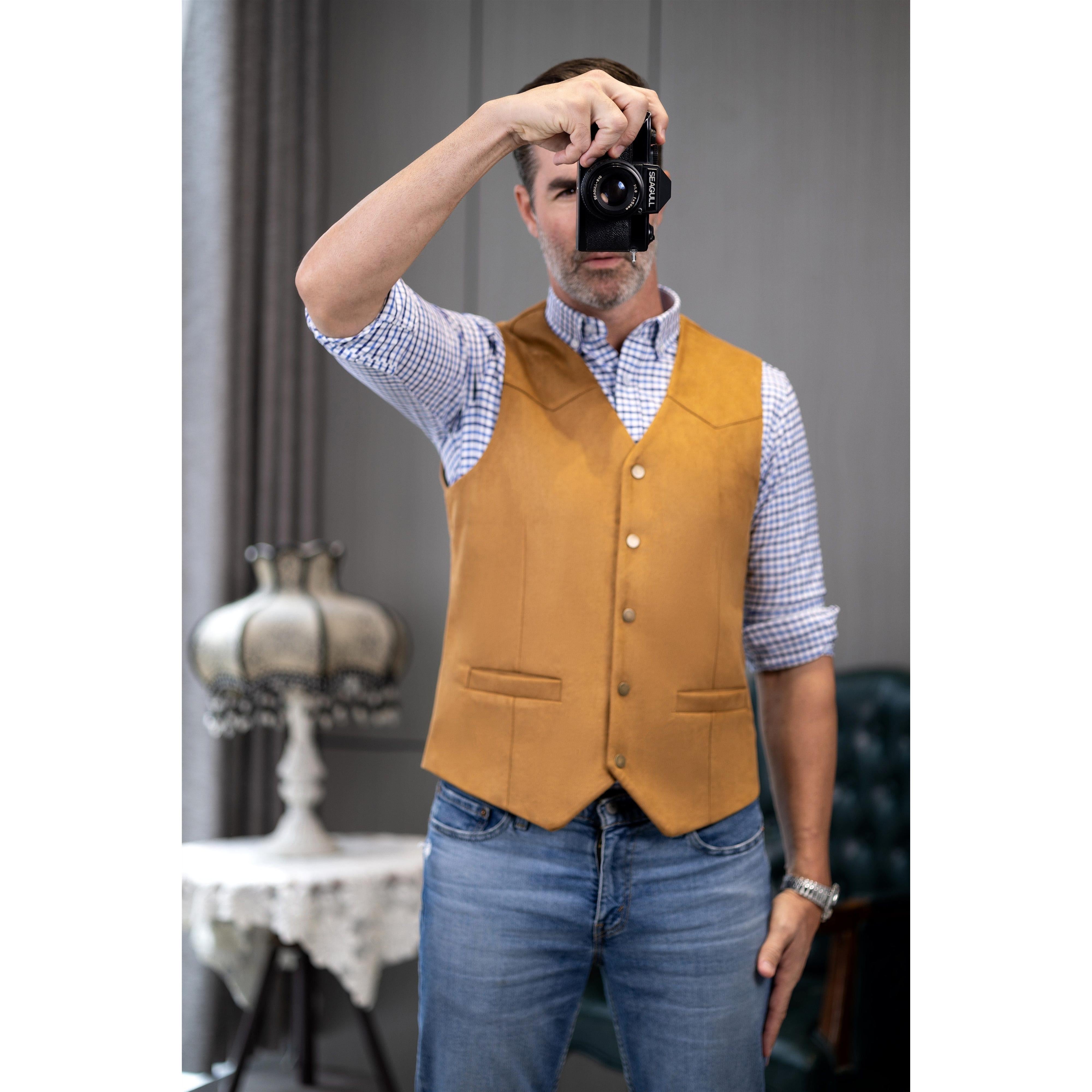 ceehuteey Casual Men's Suede Fashion Cowboy Suit Solid Vest V Neck Waistcoat