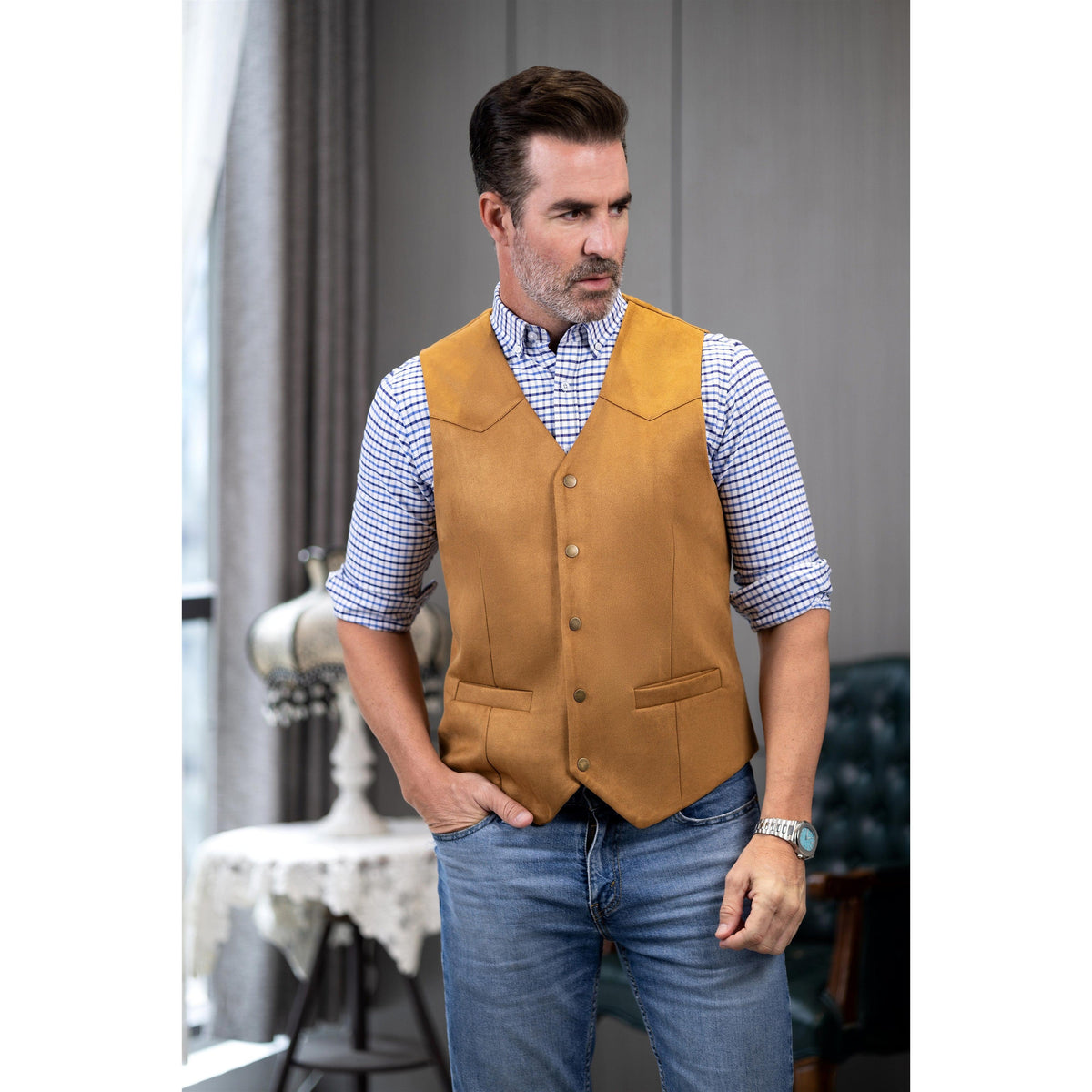 Ceehuteey Men's Suede Cowboy Suit Solid Vest V Neck Waistcoat Gold / L