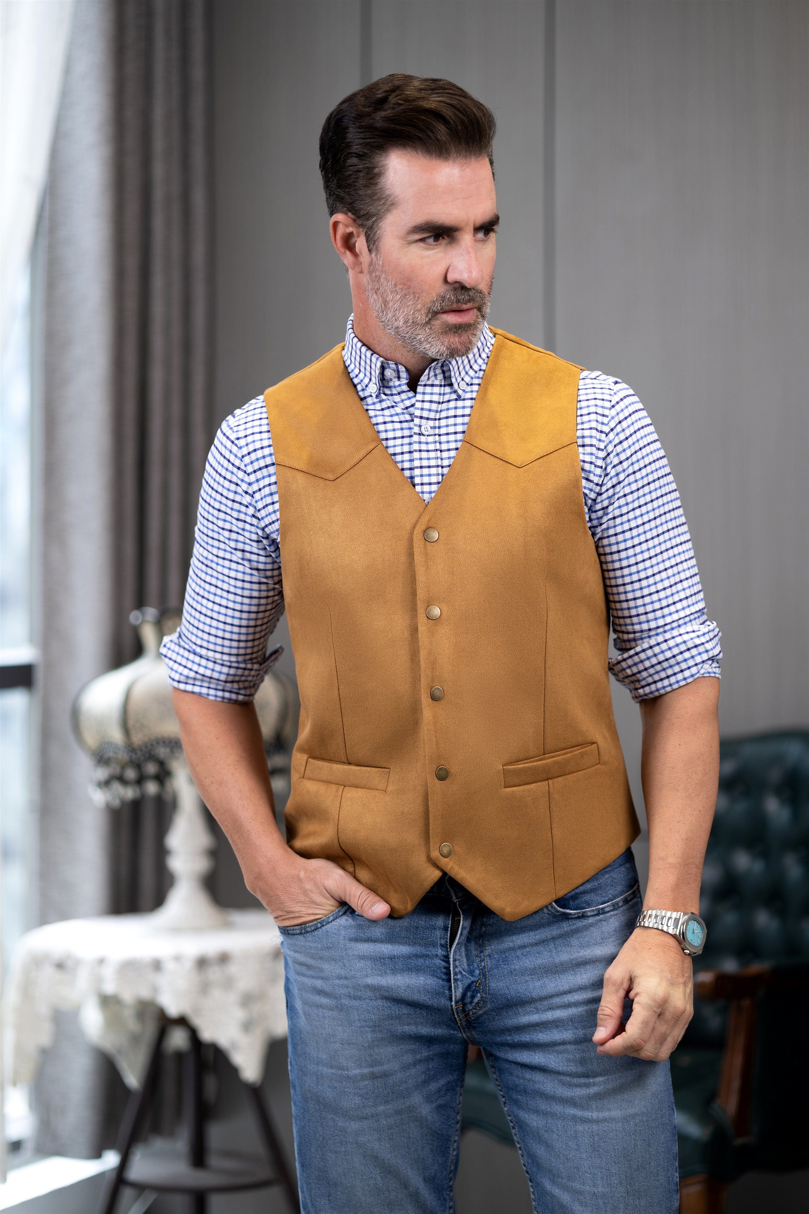ceehuteey Casual Men's Suede Fashion Cowboy Suit Solid Vest V Neck Waistcoat